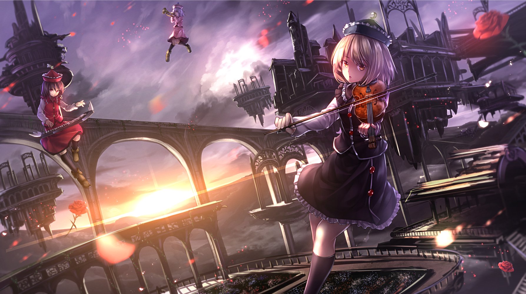 anime, Girls, Violin, Music, Rose, Sunset, Beautiful