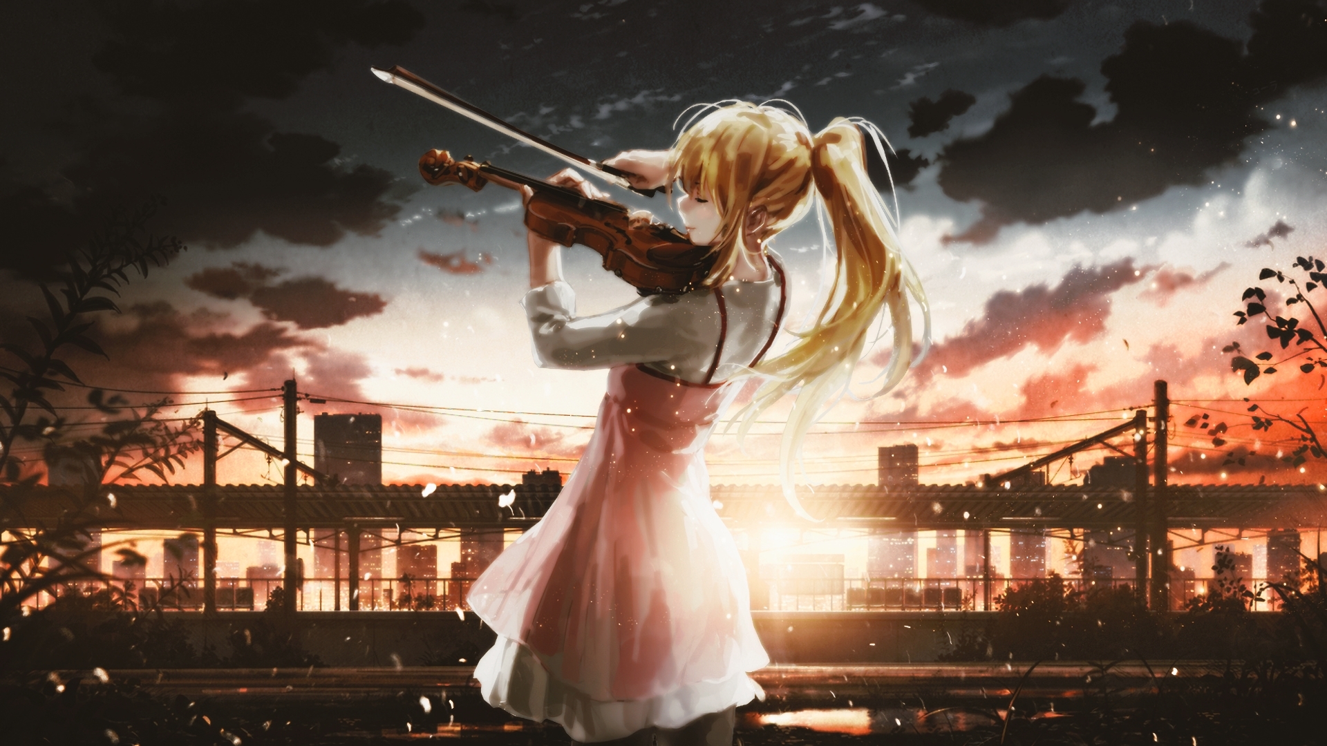 Wallpaper / dawn, violin, anime girl, landscape free download