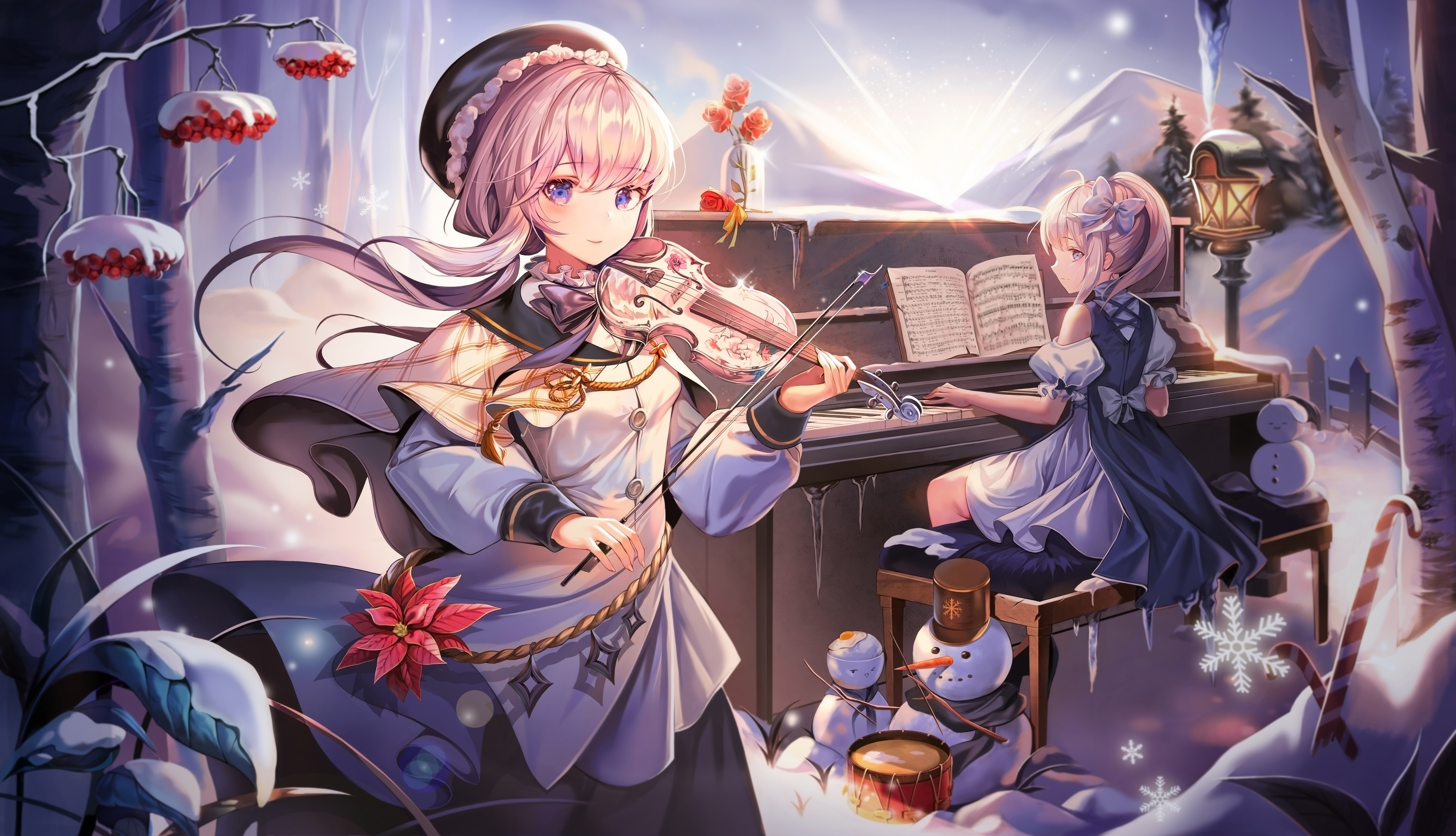 Violin Piano Pink Hair Purple Eyes Ribbon Snow Snowmen Anime Girls Harusame Wallpaper:7891x4528