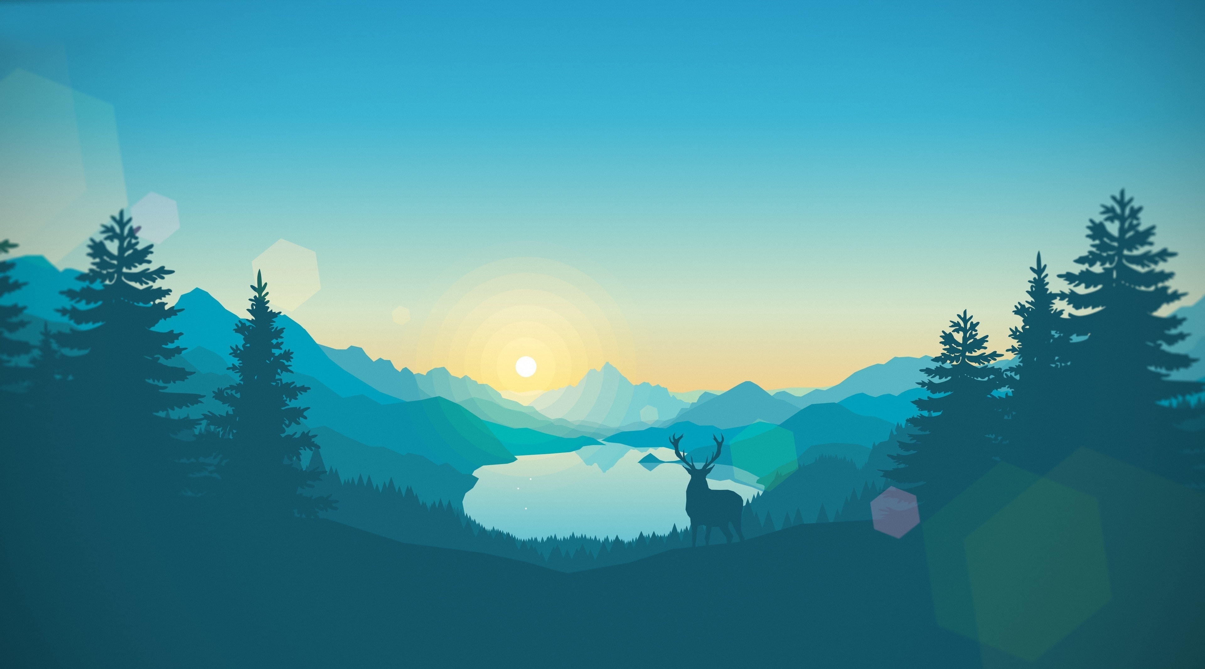 Wallpaper / wildlife, illustration, Aero, 4K, firewatch, Lake, Landscape, digitalart, Vector Art, Silhouette, Game, Deer, Animal, Mountains, Nature free download