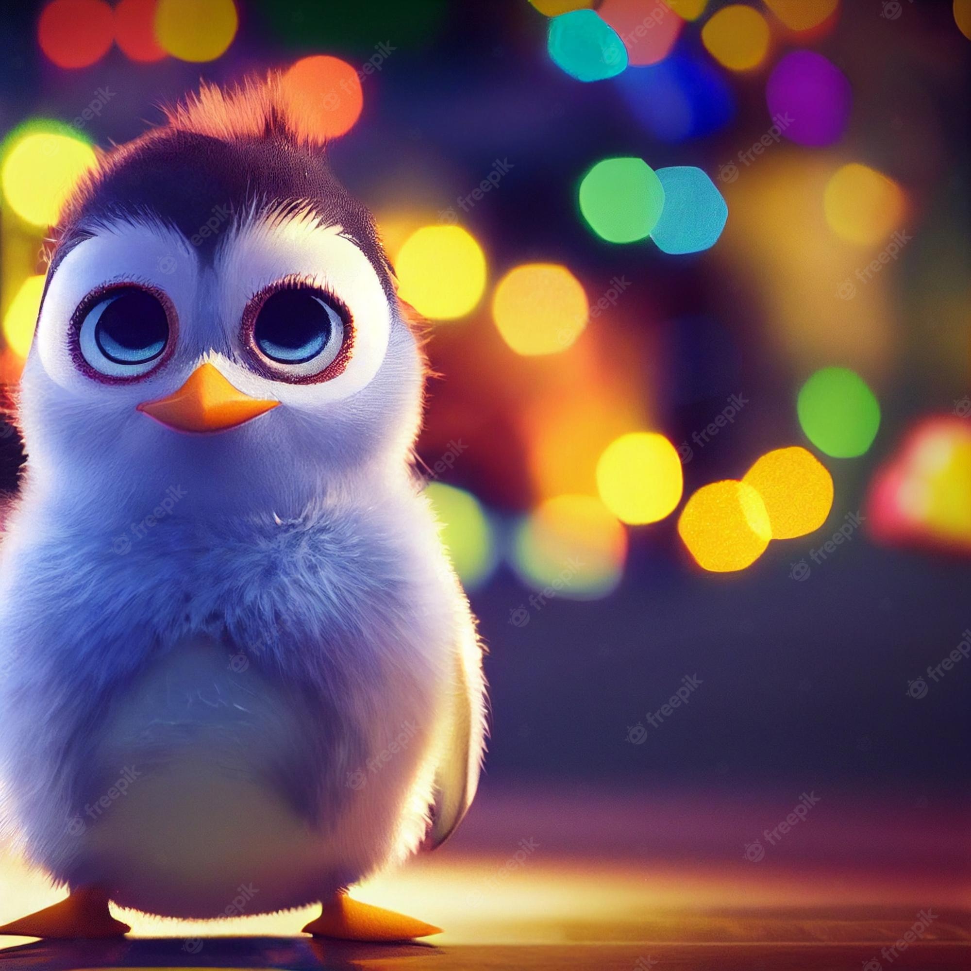 Premium Photo. Cute baby penguin with big eyes and christmas lights 3D rendering cartoon style