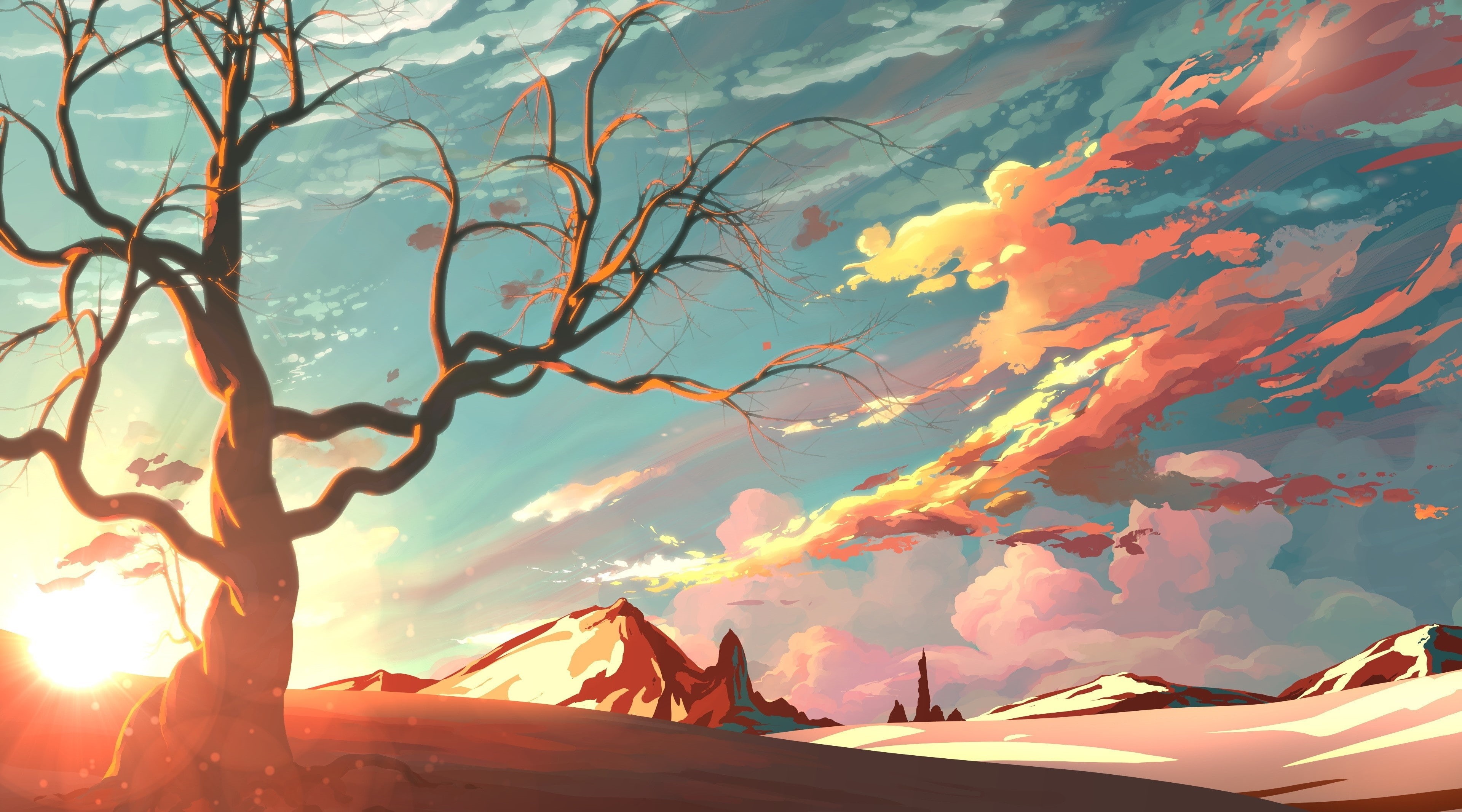 Wallpaper / Sunset, 4K, Illustration, digitalart, Sunlight, Mountains, Artwork, Tree, Aero, Vector Art, Landscape free download