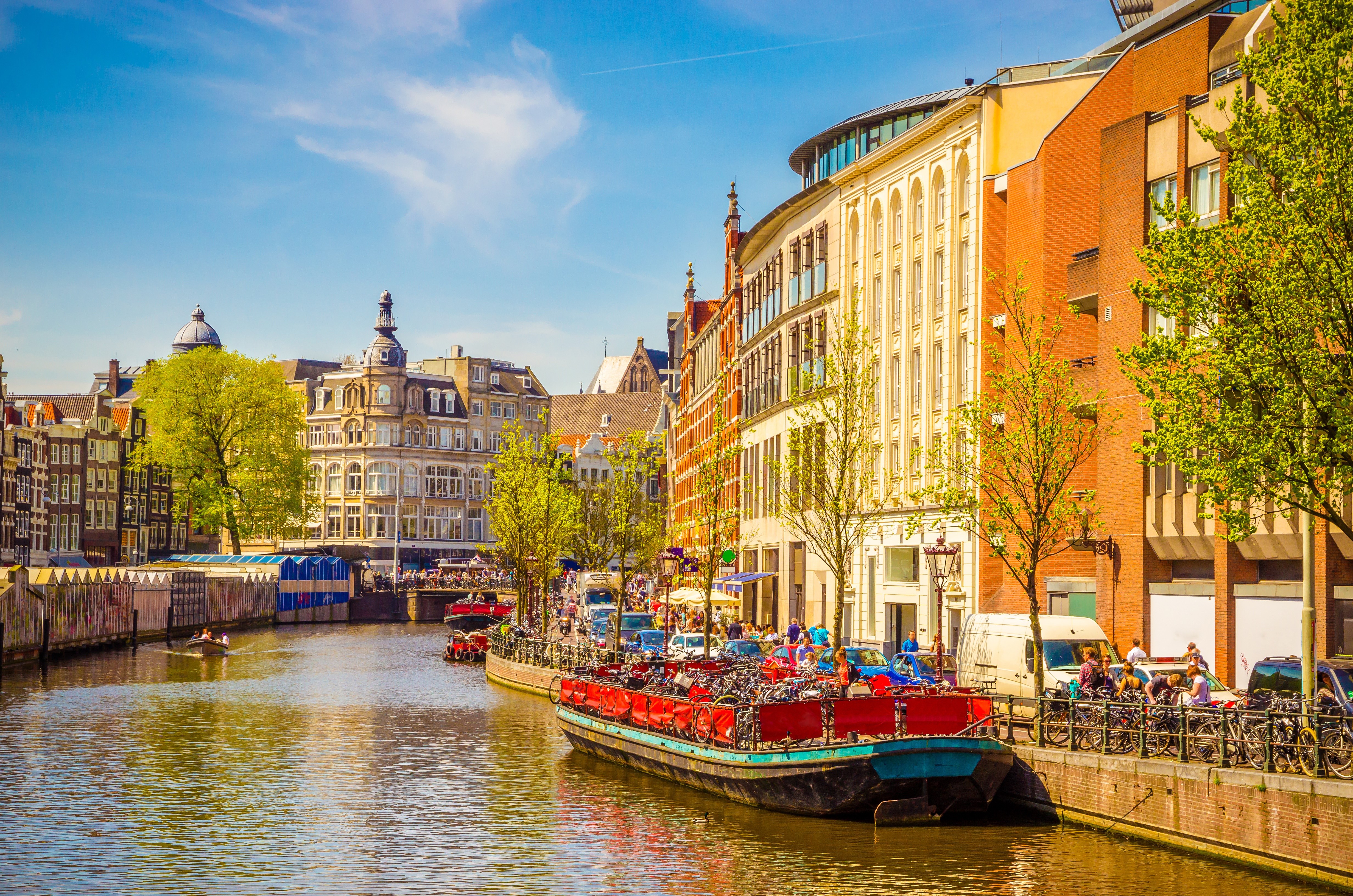 4K, Netherlands, Amsterdam, Riverboat, Spring, Canal Gallery HD Wallpaper