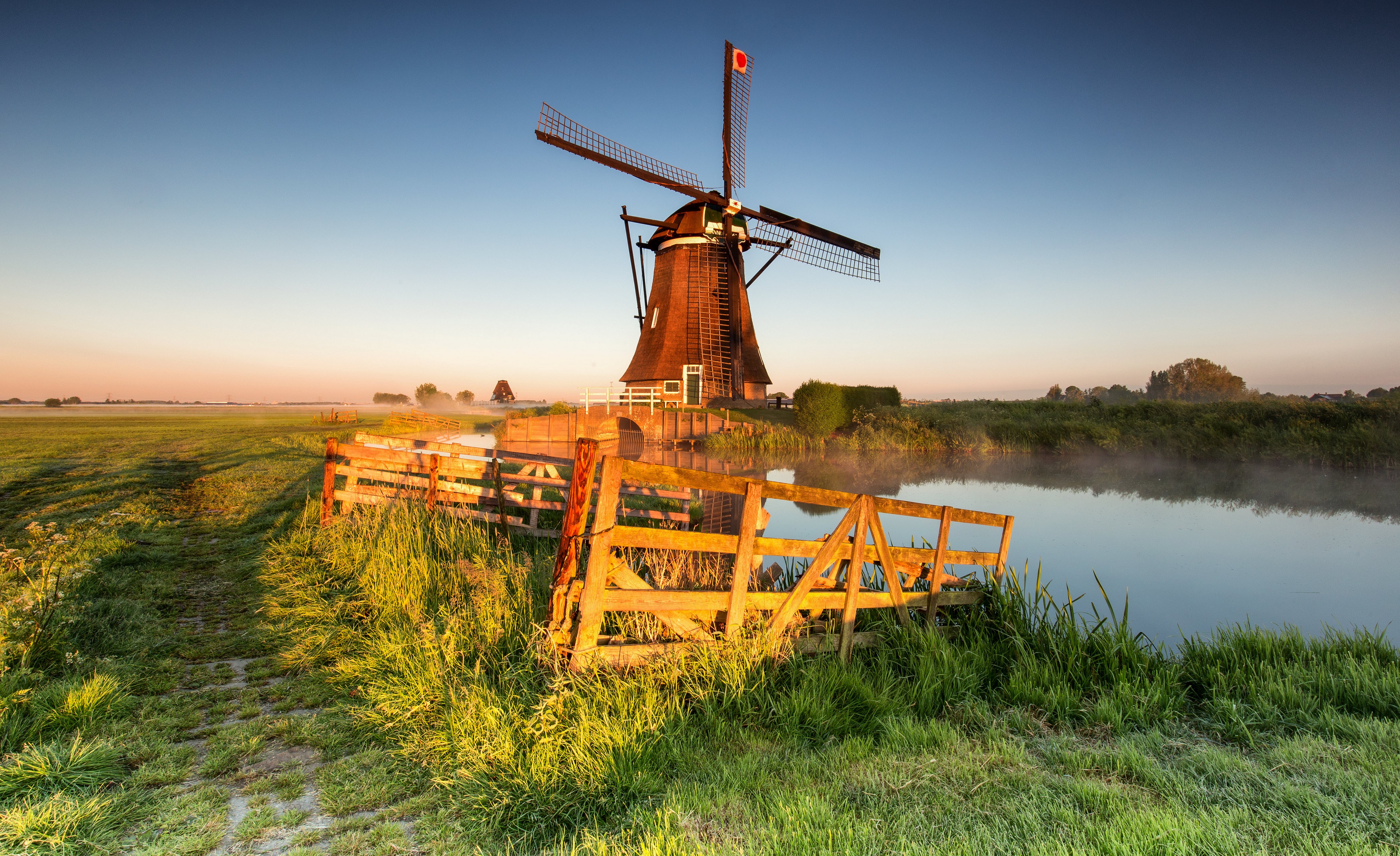 4K, Alblasserwaard, Streefkerk, Netherlands, Morning, Fields, Fence, Fog, Mill Gallery HD Wallpaper