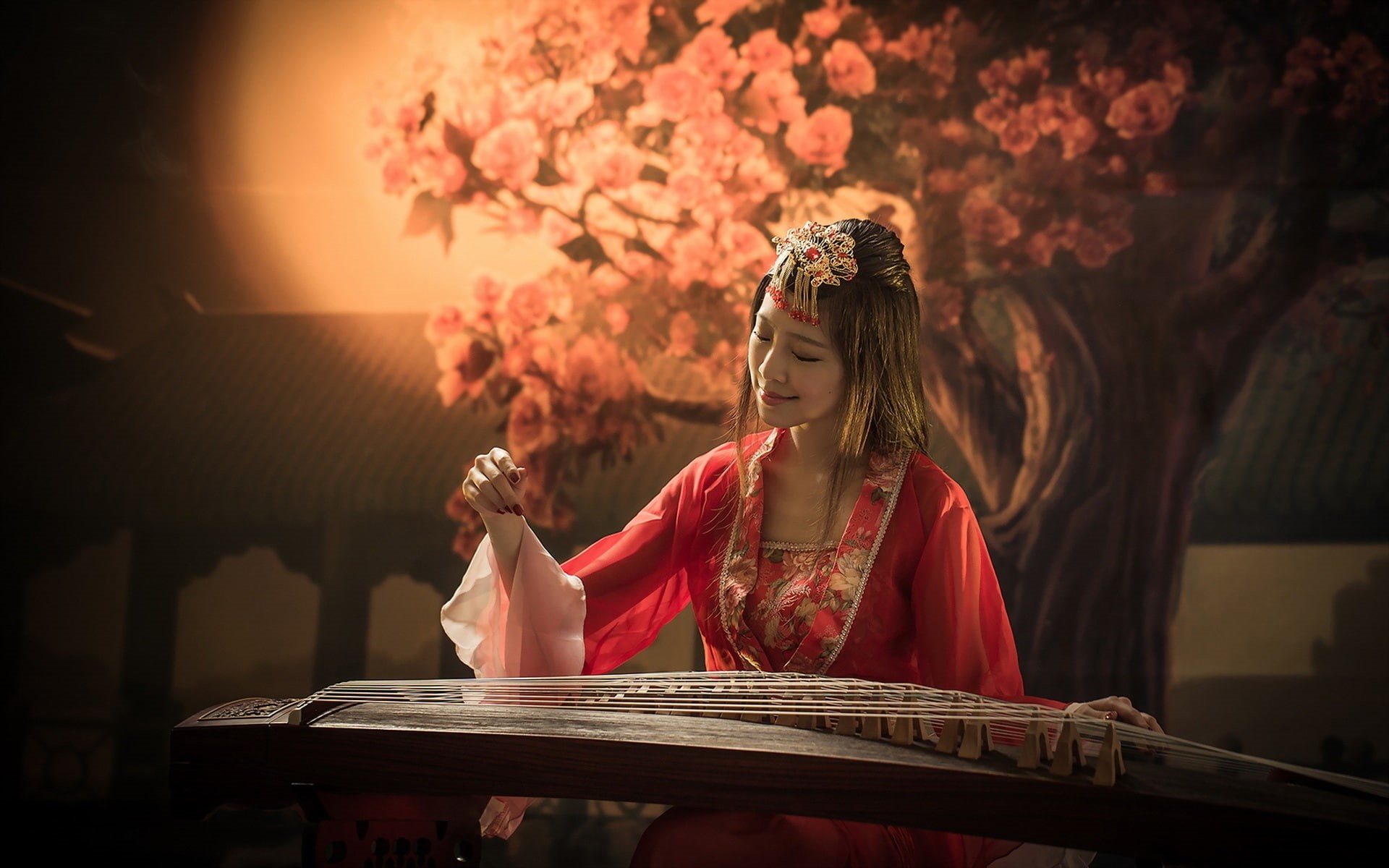 Wallpaper / Girl, Music, Dress, Guzheng, Asian, Red, 1080P free download