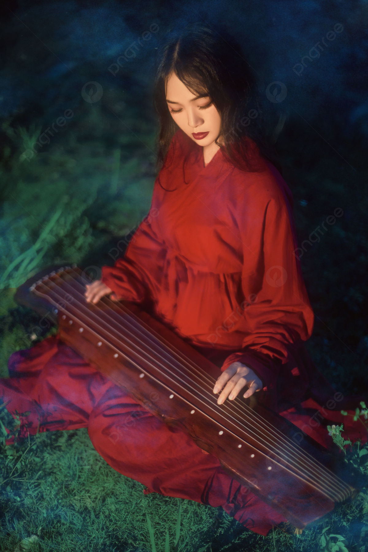 Beautiful Woman Playing Guzheng Sitting Background And Picture For Free Download