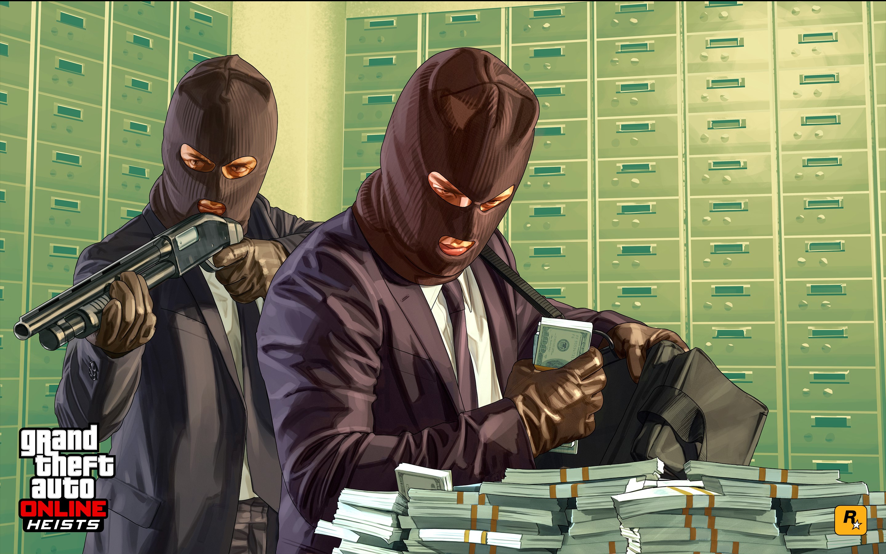 Online, GTA 5, Masks, Shotgun, Money, Bank, Two, Suit, Robber Gallery HD Wallpaper