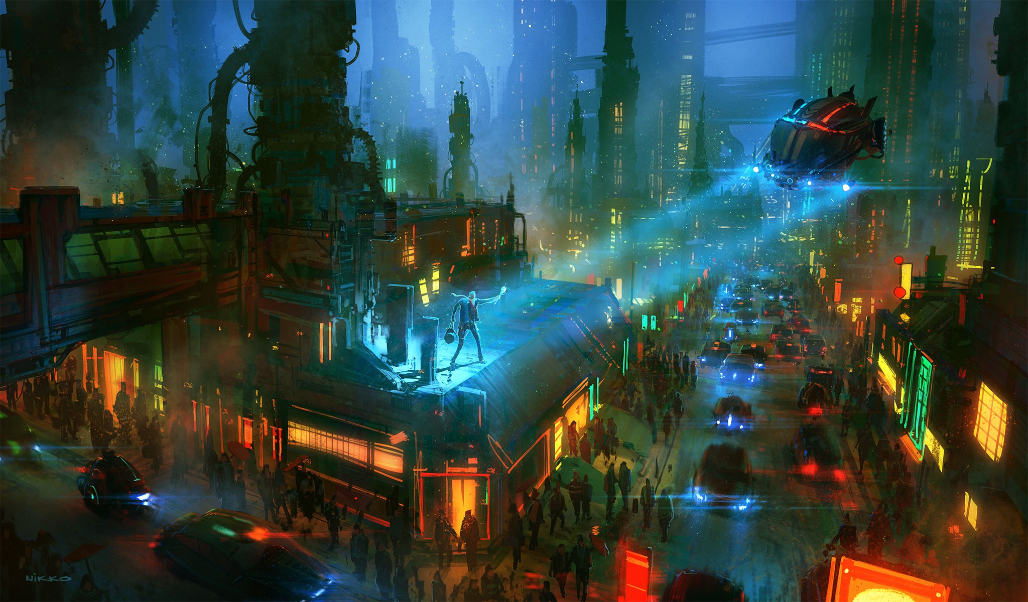 Wallpaper, city, night, cyberpunk, water, reflection, futuristic, world, metropolis, tree, screenshot, computer wallpaper, special effects, 2048x1200 px, Nikolai Lockertsen, visual effects 2048x1200