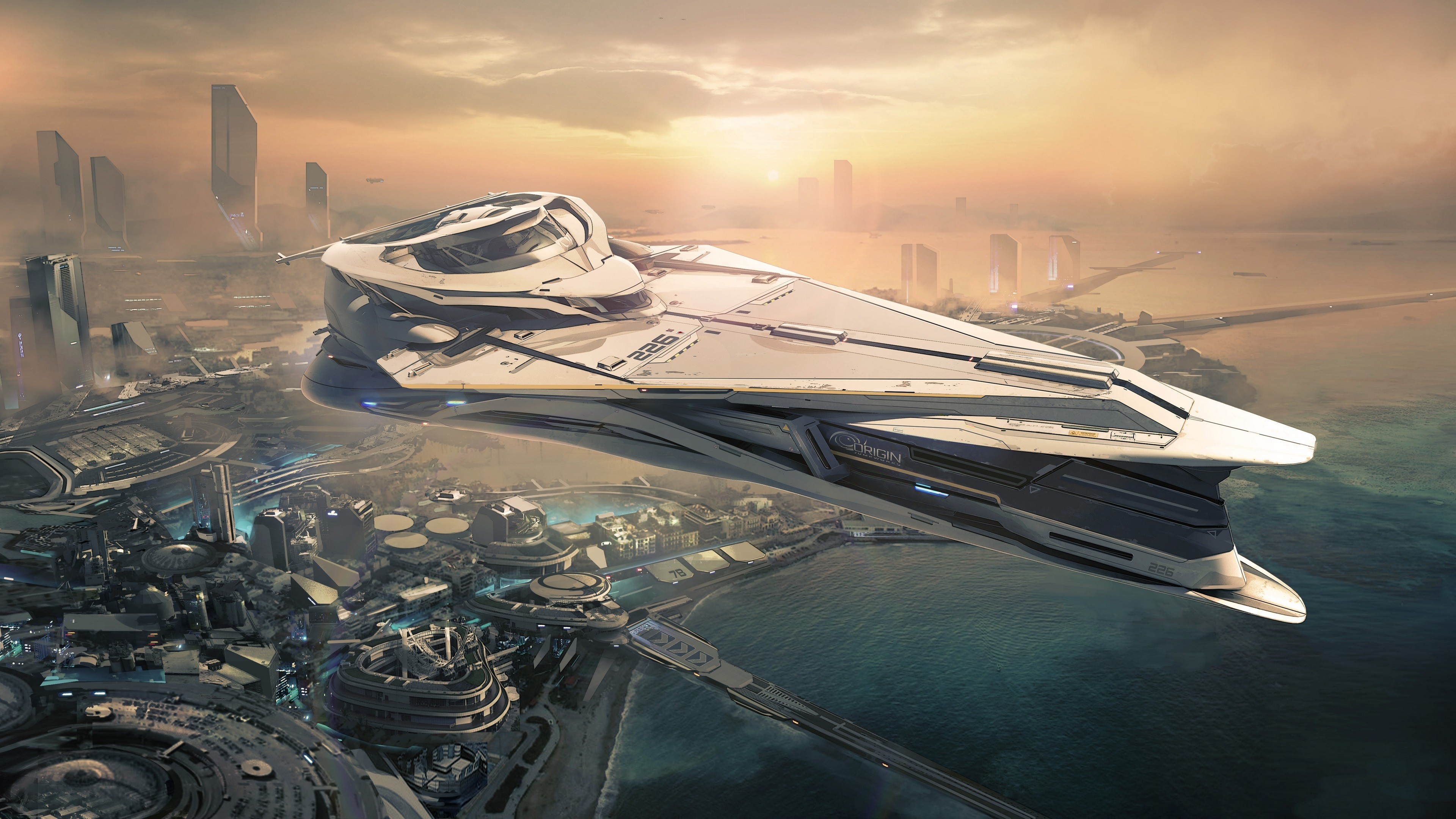 Wallpaper Star Citizen, 5k, 4k wallpaper, matte painting, art, space ship, yacht, city, urban, futuristic, sunset, OS