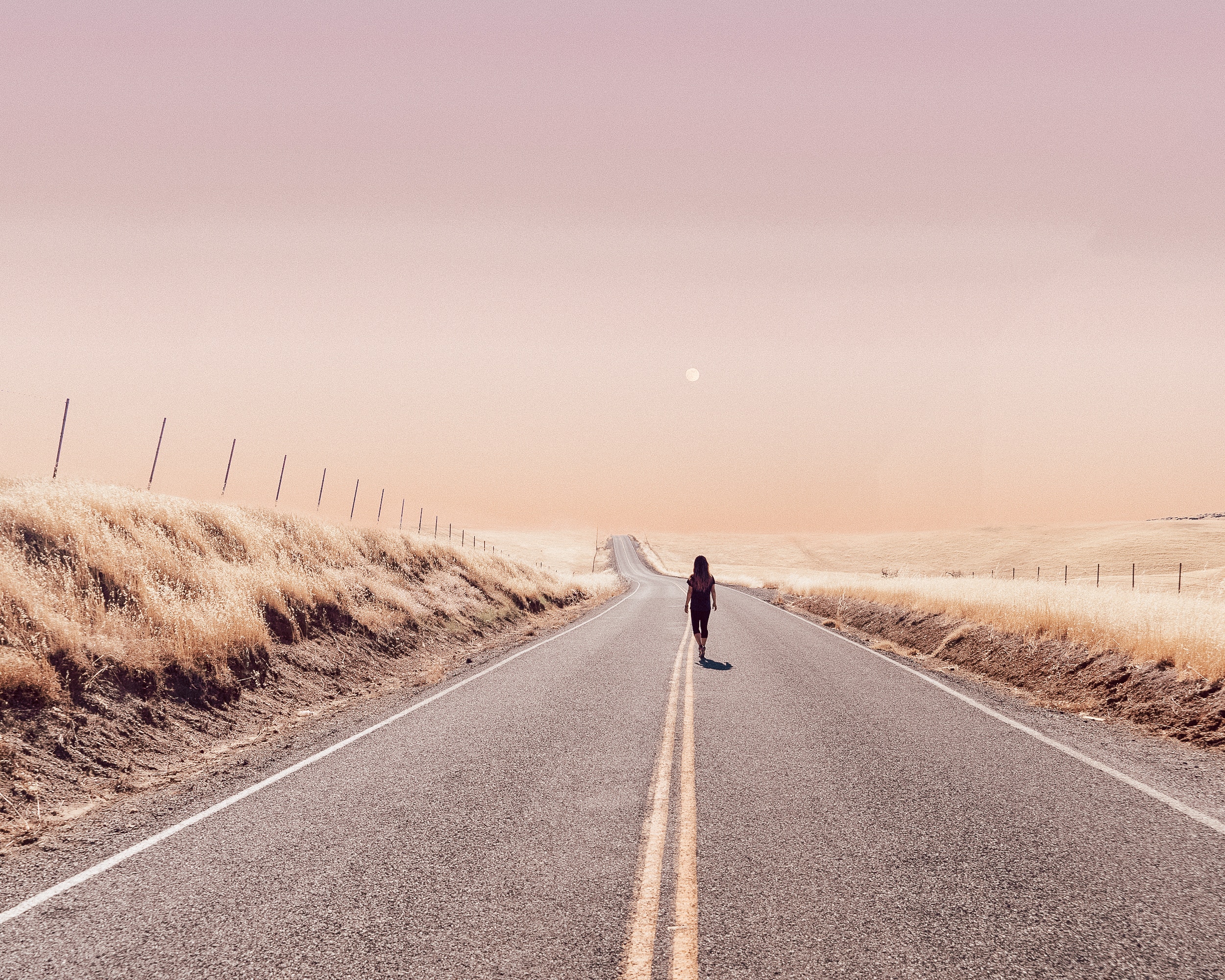2500x2000 outdoors, summer, sunrise, road, person, road trip, travel, Public domain image, explore, pink, simple, wander, west coast, street, sunset, apocalyptic, sky, desert, trip, walk, minimal Gallery HD Wallpaper