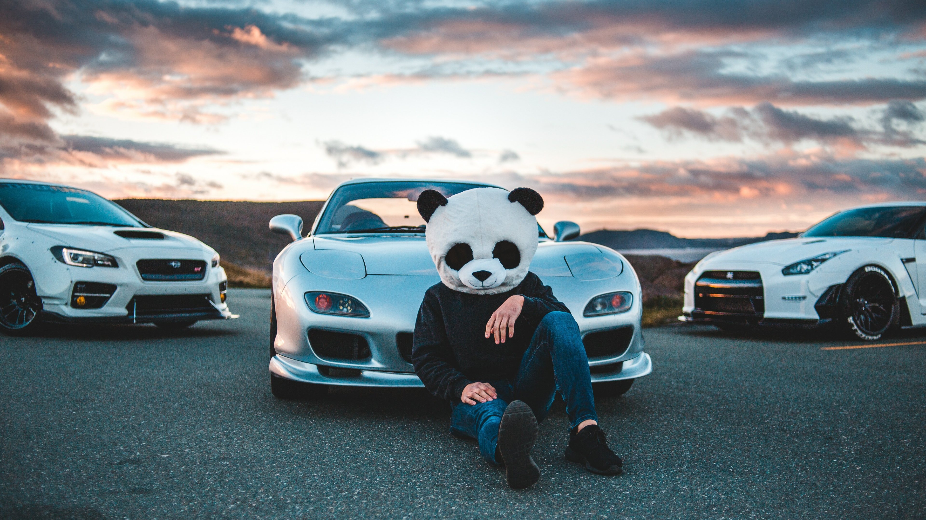 Wallpaper 4k Panda Helmet Guy With Cars 4k Wallpaper