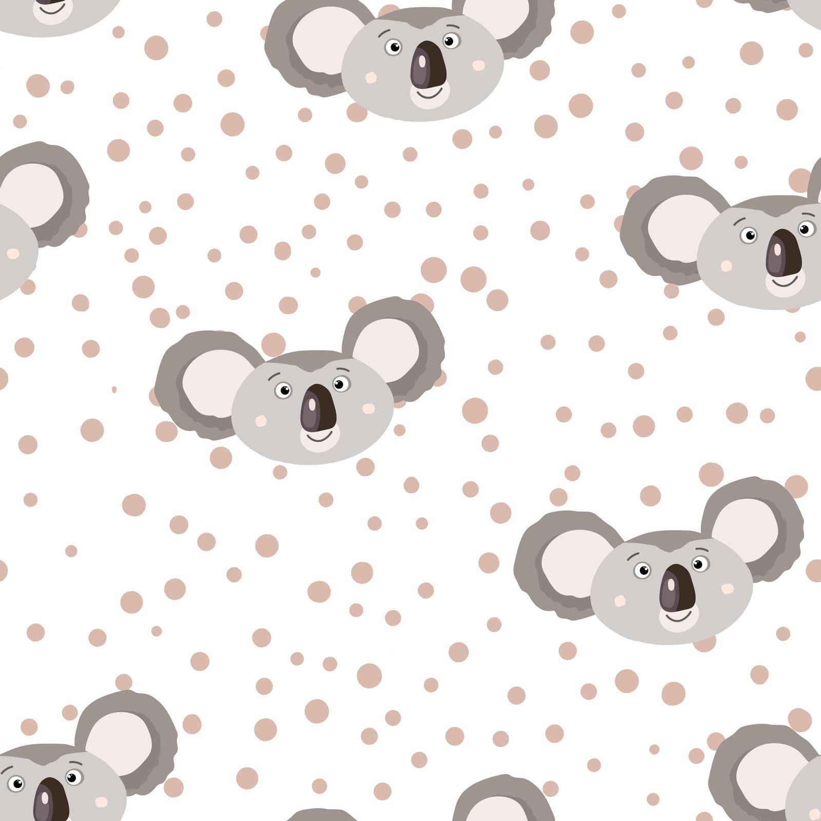 Seamless pattern with cute koala baby and hearts on white polka dots background. Funny australian animals. Card, postcards for kids. Flat vector illustration for fabric, textile, wallpaper, paper Stock Image. VectorGrove