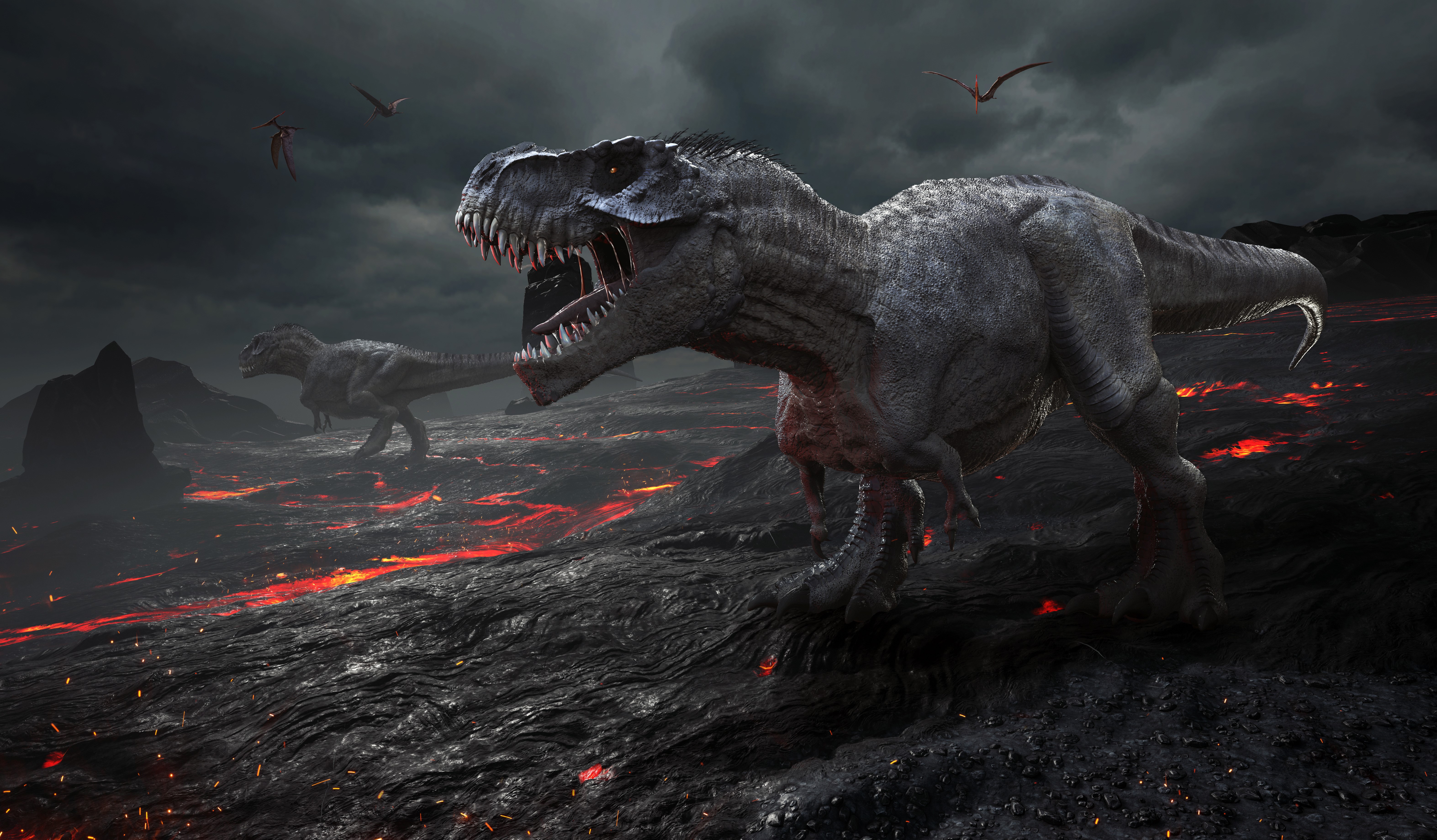 4K, 5K, 6K, Dinosaurs, Fire, Tyrannosaurus rex, Roar Gallery HD Wallpaper