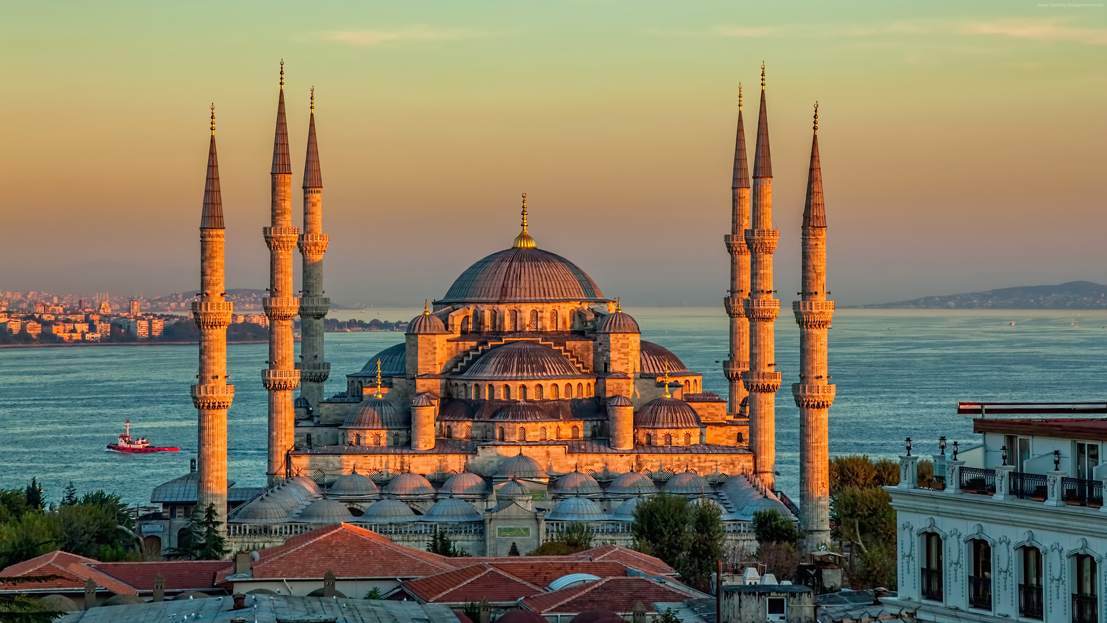 4k, Sultan Ahmed Mosque, Istanbul, Turkey, sunrise Gallery HD Wallpaper