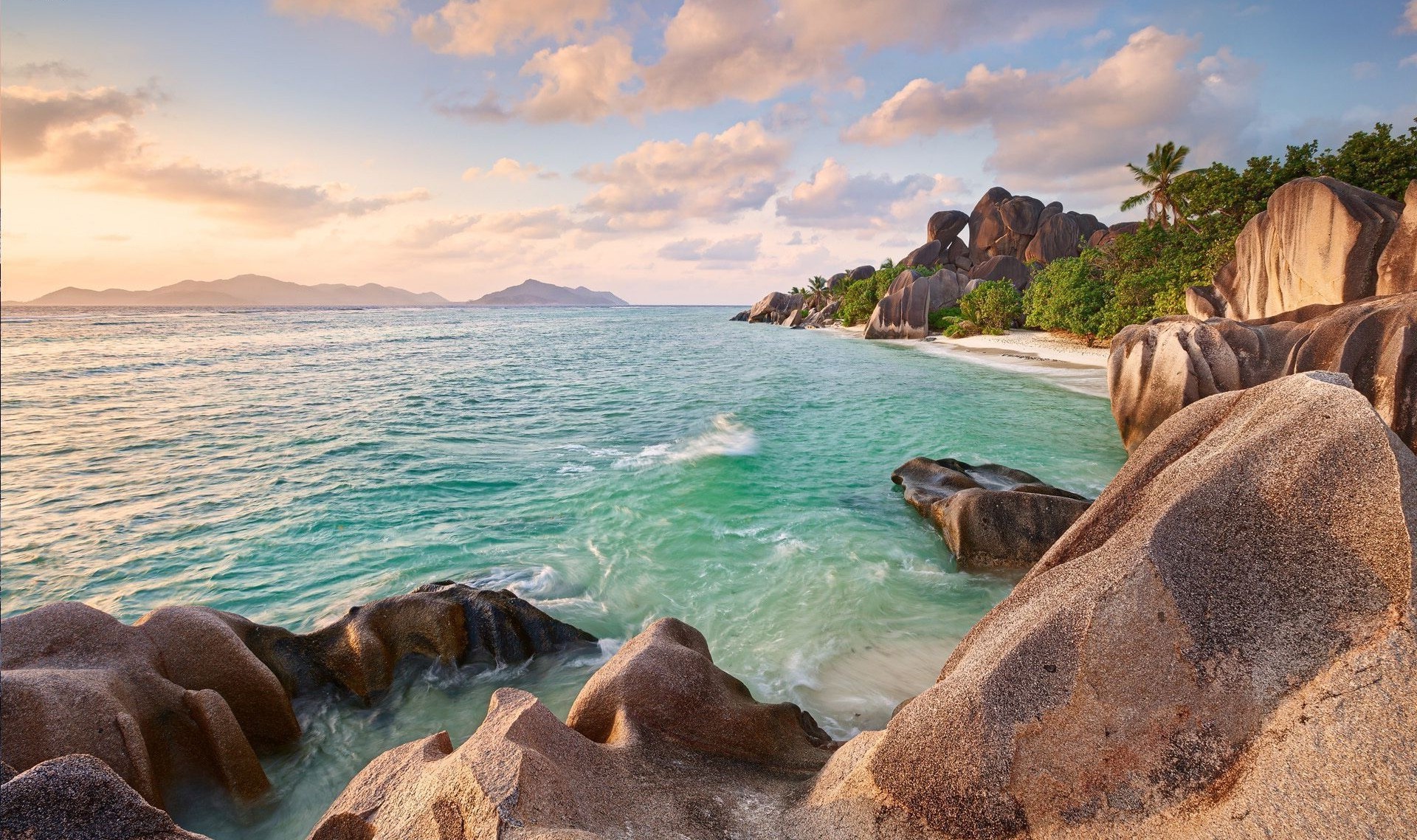 Wallpaper, 1920x1138 px, beach, landscape, nature, palm trees, rock, sea, Seychelles, summer, sunset, tropical 1920x1138