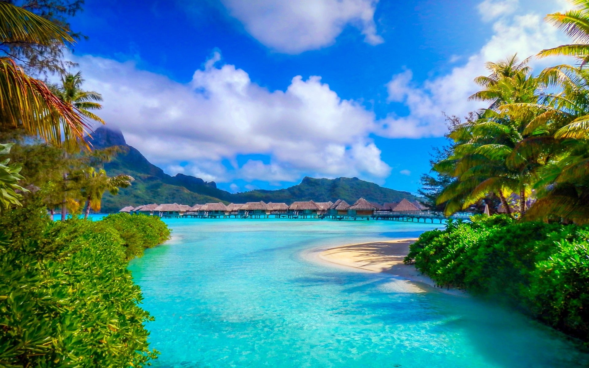 Wallpaper / nature, French Polynesia, resort, Bora Bora, summer, palm trees, landscape, tropical, 1080P, beach, mountains, sea, island free download