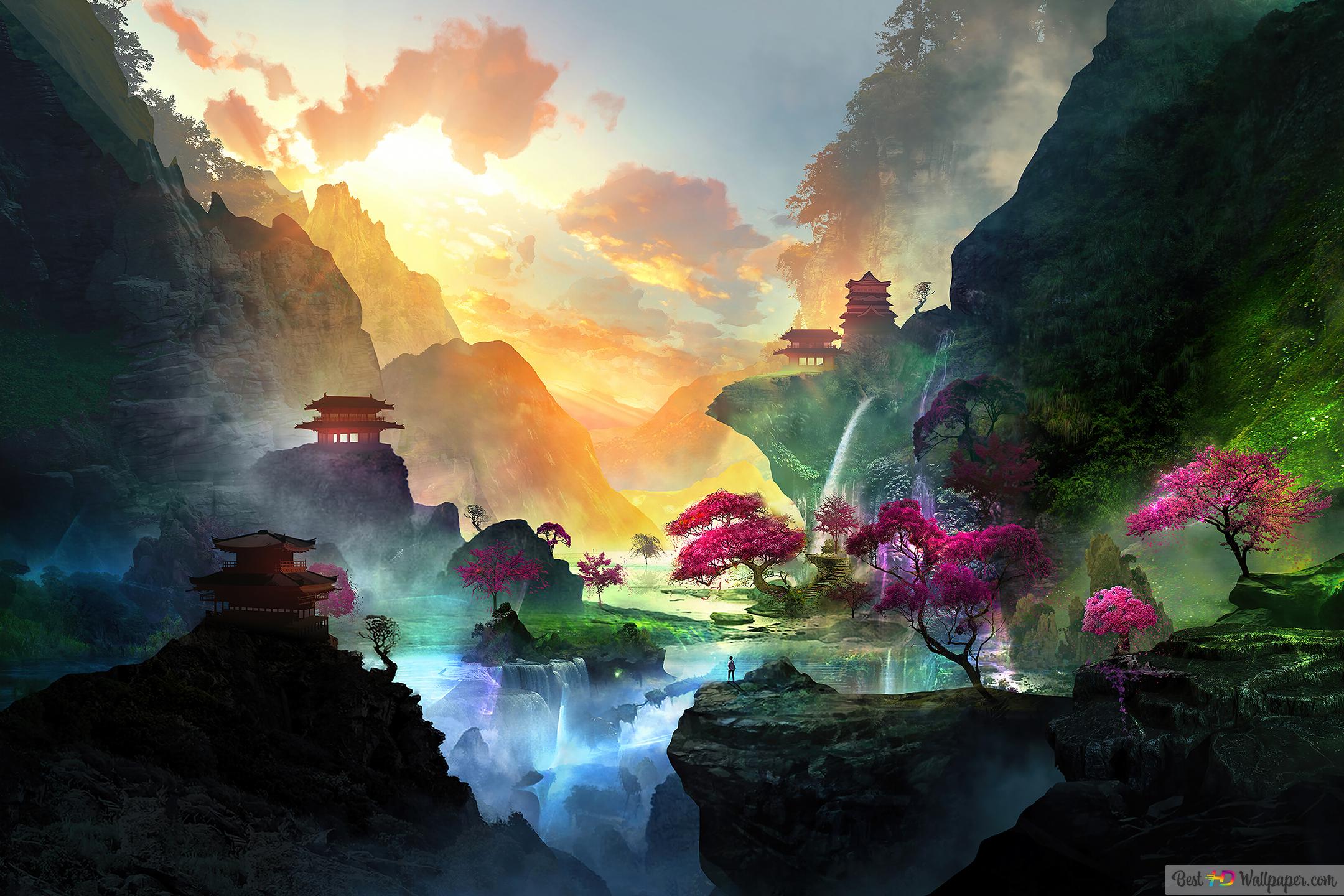 Fantasy Forest Mountains 4K wallpaper download
