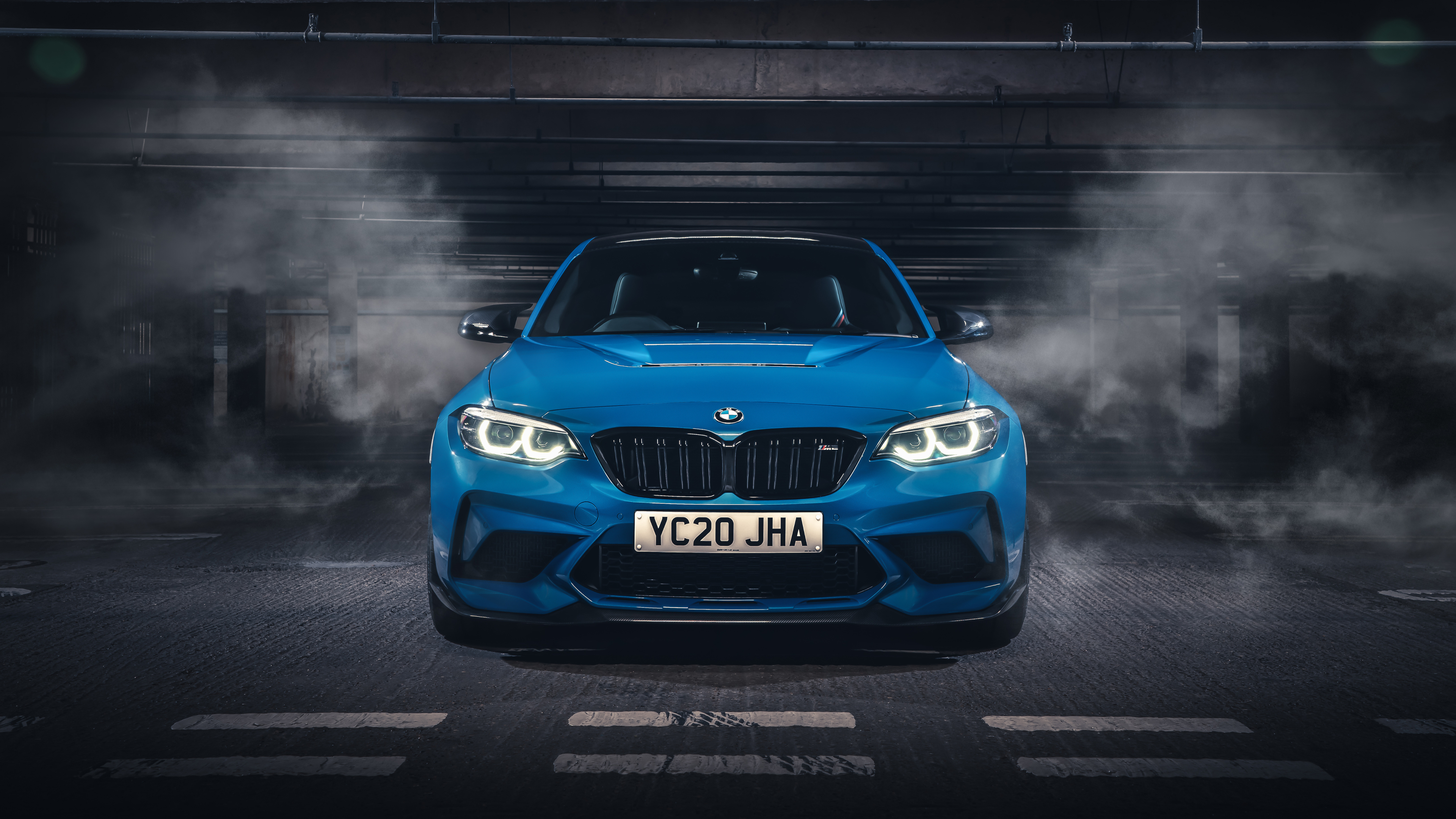 Wallpaper, BMW M2, car, vehicle, blue cars, parking lot, smoke, Headlights 3840x2160