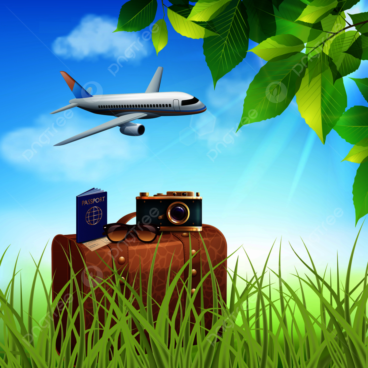 Summer Holidays Realistic Colored Concept Airplane With Tourists Flies On A Suitcase Standing In The Grass Vector Illustration Background, Sunny, The, Paradise Background Image And Wallpaper for Free Download