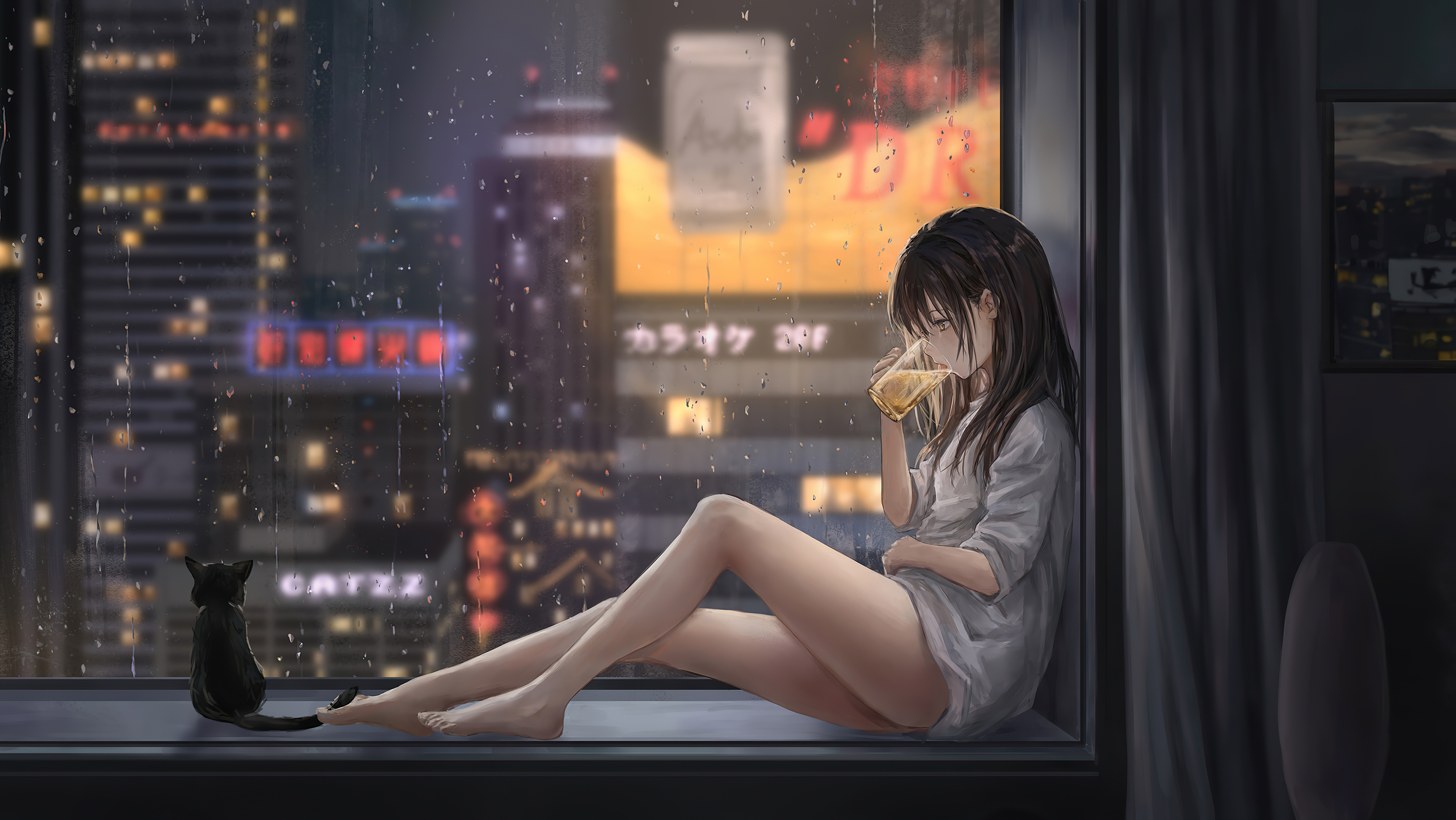 Wallpaper 4k Anime Girl Cat Raining Wallpaper