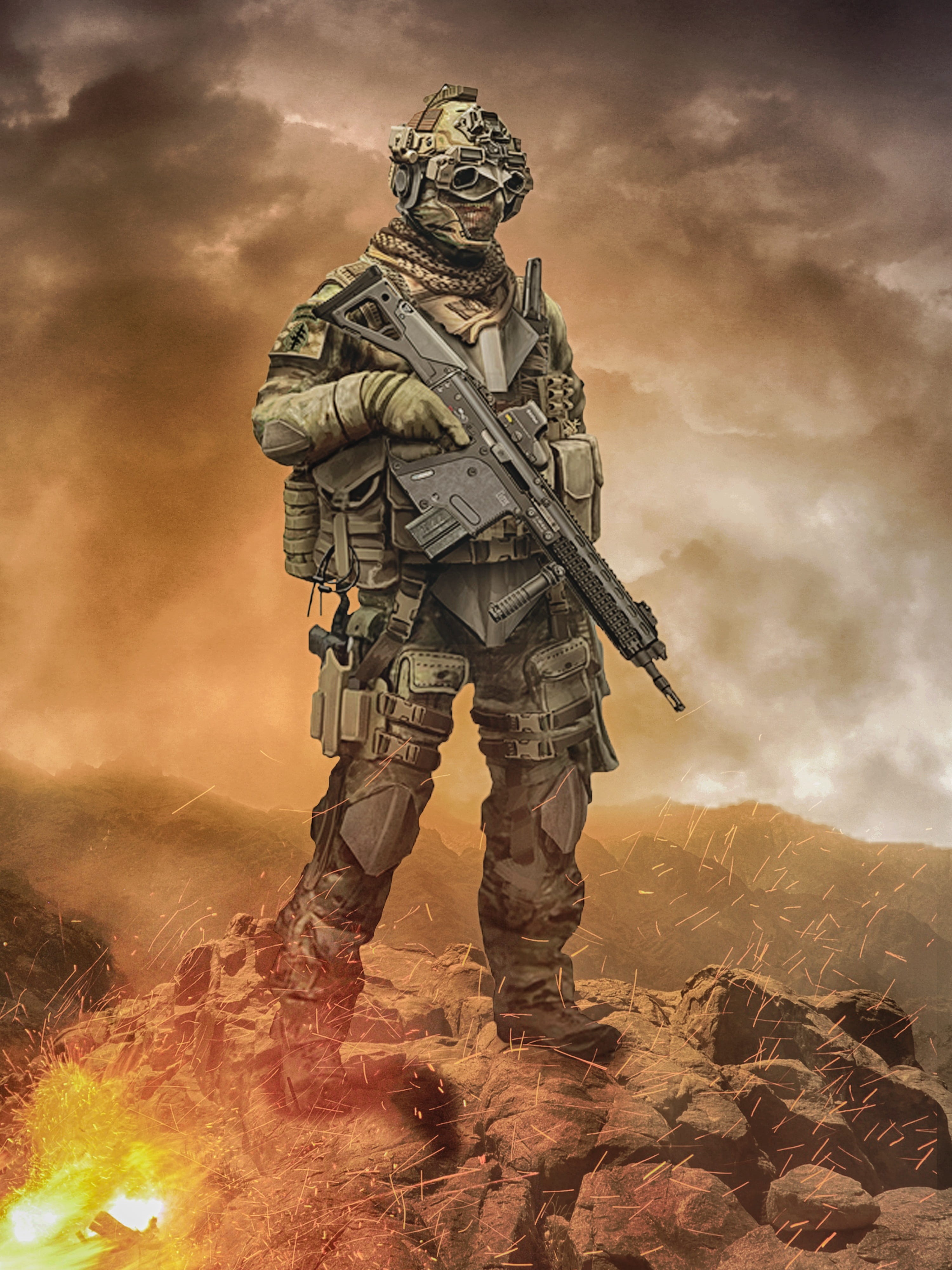 Wallpaper / action figure, military uniform, uniform, forces, cloud, robot, soldier, sky, aiming, scope, battle, sniper, 4K, rifle, safety, aggression, special forces free download