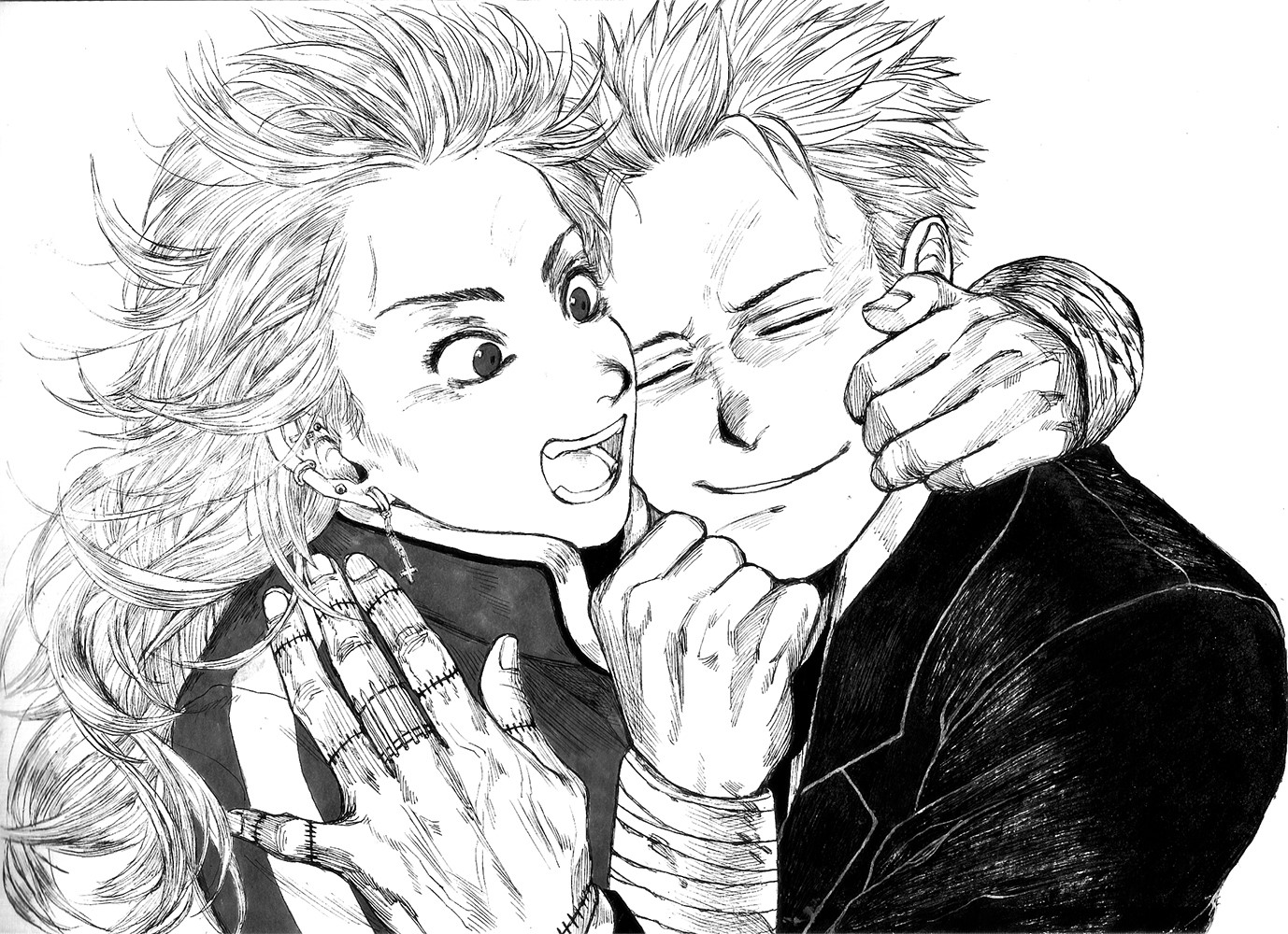 anime girls, Dorohedoro, 2D, simple background, scars, short hair, Noi (Dorohedoro), smiling, hugging, anime boys, open mouth, manga sketch, Shin (Dorohedoro), fan art, long hair Gallery HD Wallpaper