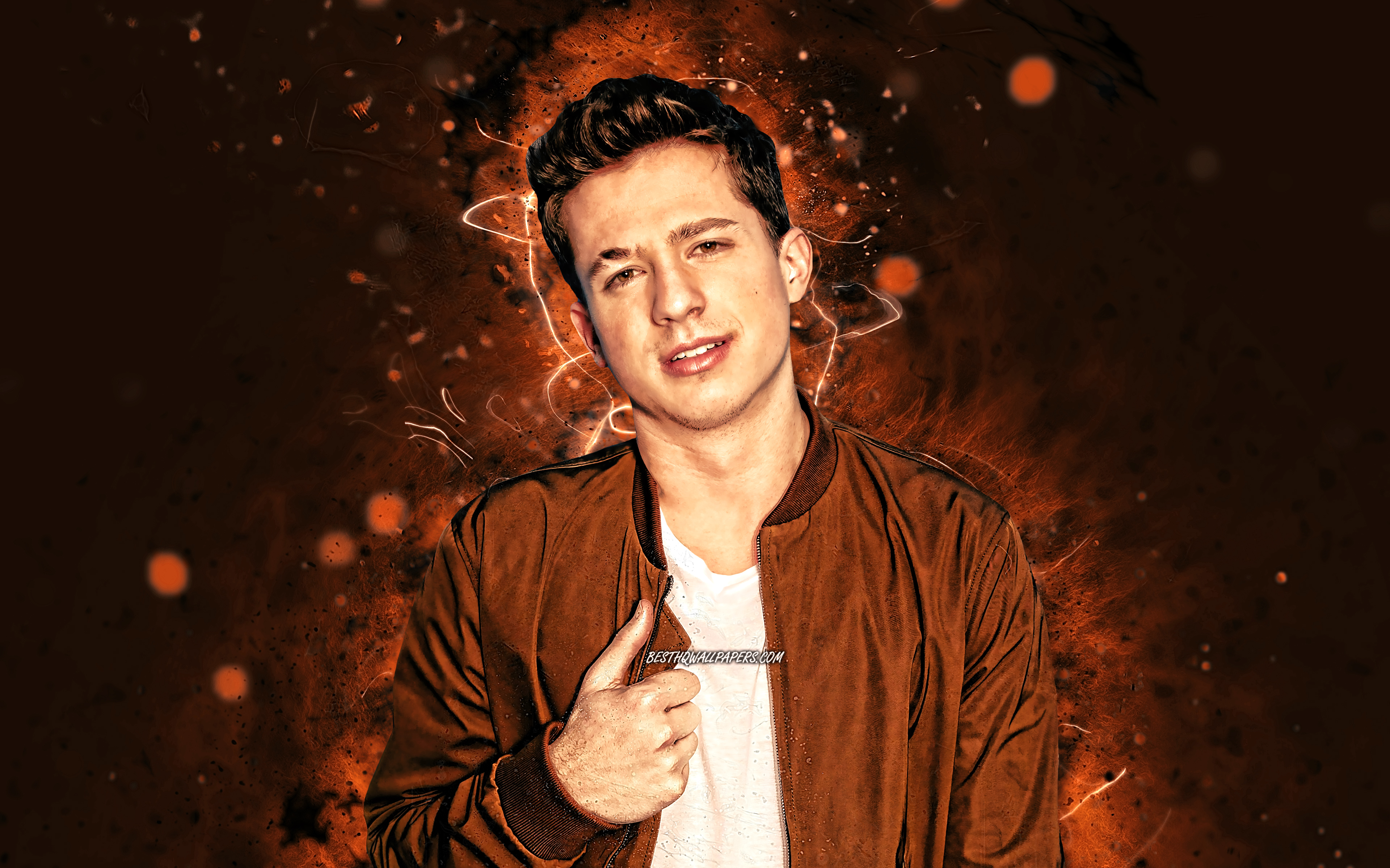 Download wallpaper Charlie Puth, 4k, american singer, brown neon lights, music stars, Charles Otto Puth Jr, american celebrity, fan art, Charlie Puth 4K for desktop with resolution 3840x2400. High Quality HD picture