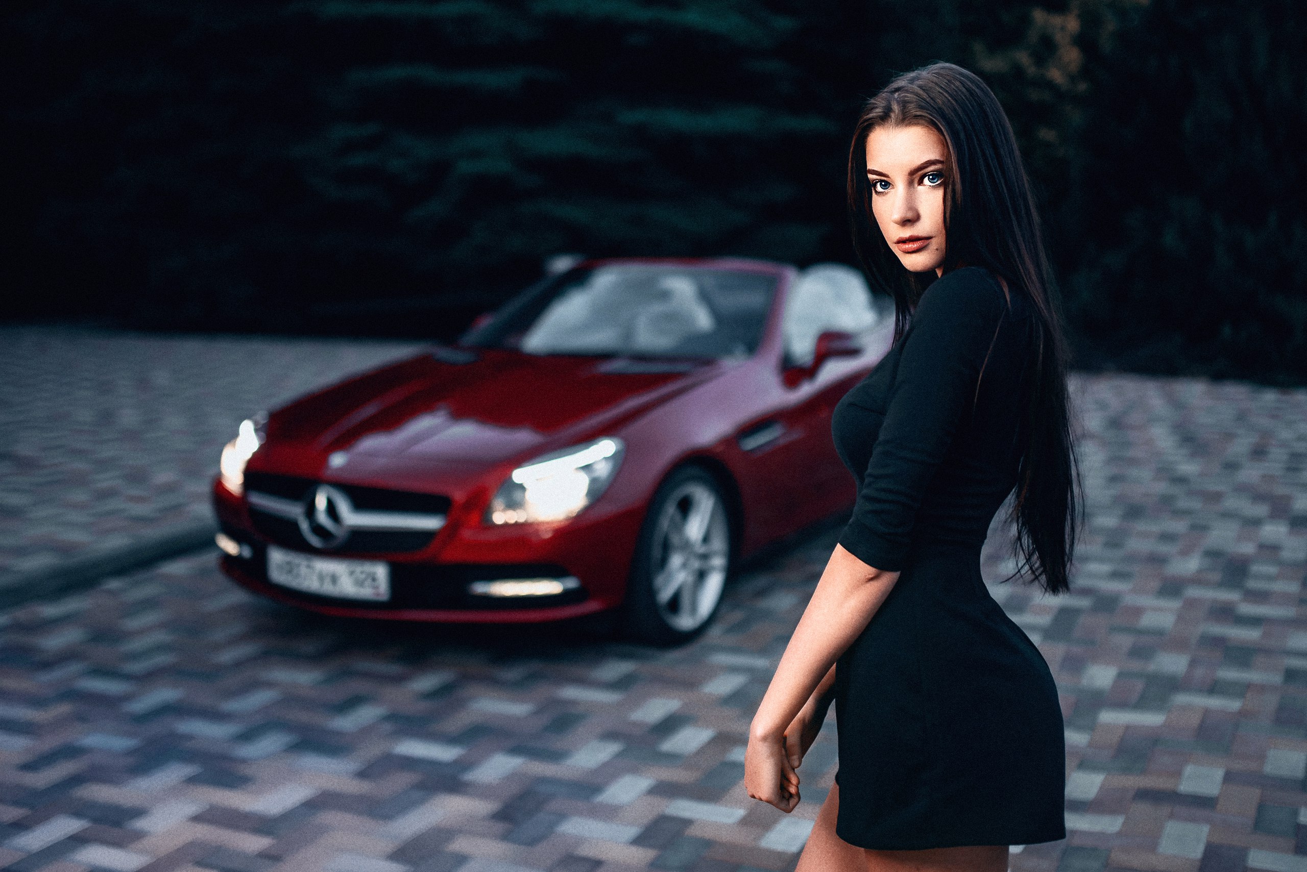 Mercedes Benz, Women Outdoors, Portrait, Car, Depth Of Field, Black Dress, Women Gallery HD Wallpaper