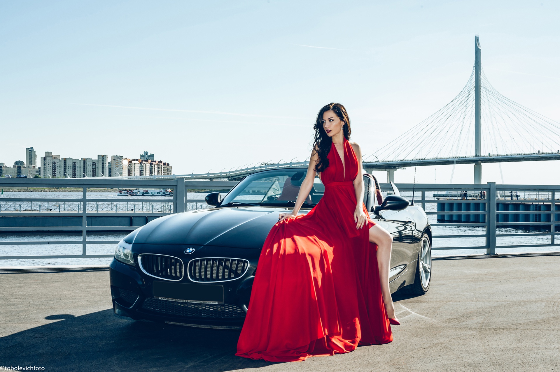 Girls & Cars, Black Hair, Girl, BMW, Model, Woman, Red Dress, Car Gallery HD Wallpaper