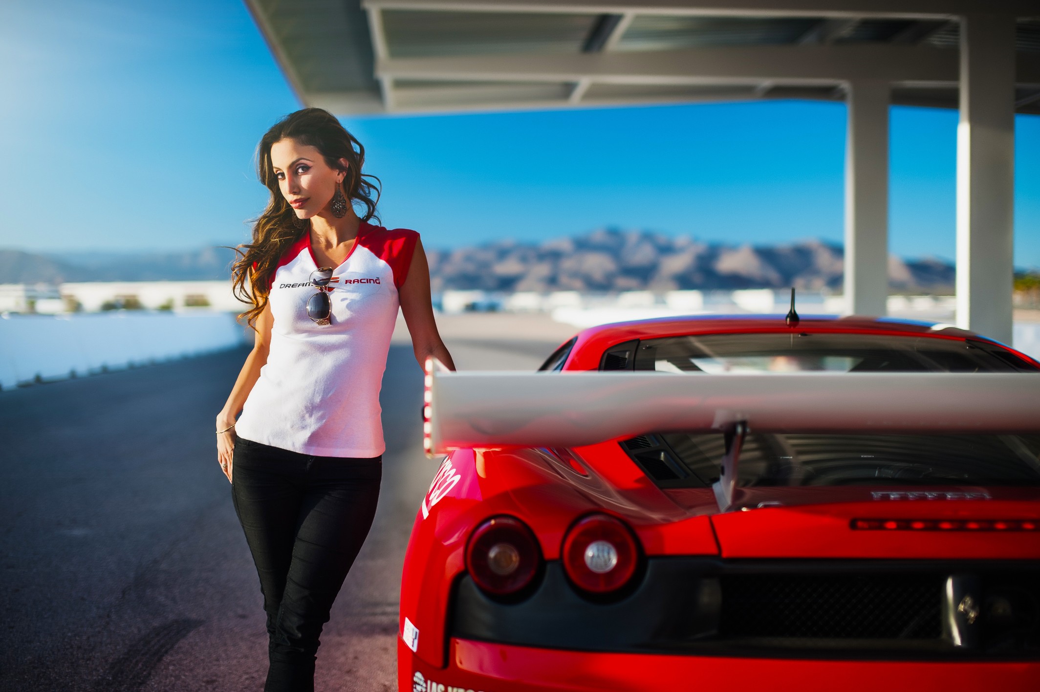 Wallpaper, model, women with cars, sports car, Ferrari, performance car, Janice Kakish, supercar, land vehicle, automotive design, automobile make, luxury vehicle, auto show, ferrari spa 2128x1416
