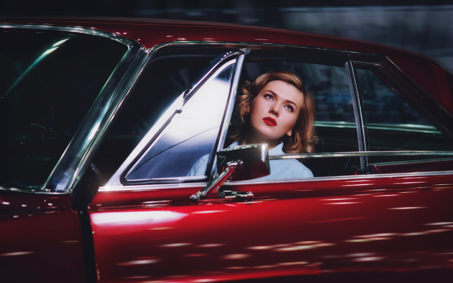 Wallpaper, model, lipstick, women with cars, Vintage car, Sedan, land vehicle, automotive design, automotive exterior, automobile make, luxury vehicle, auto show 1920x1200