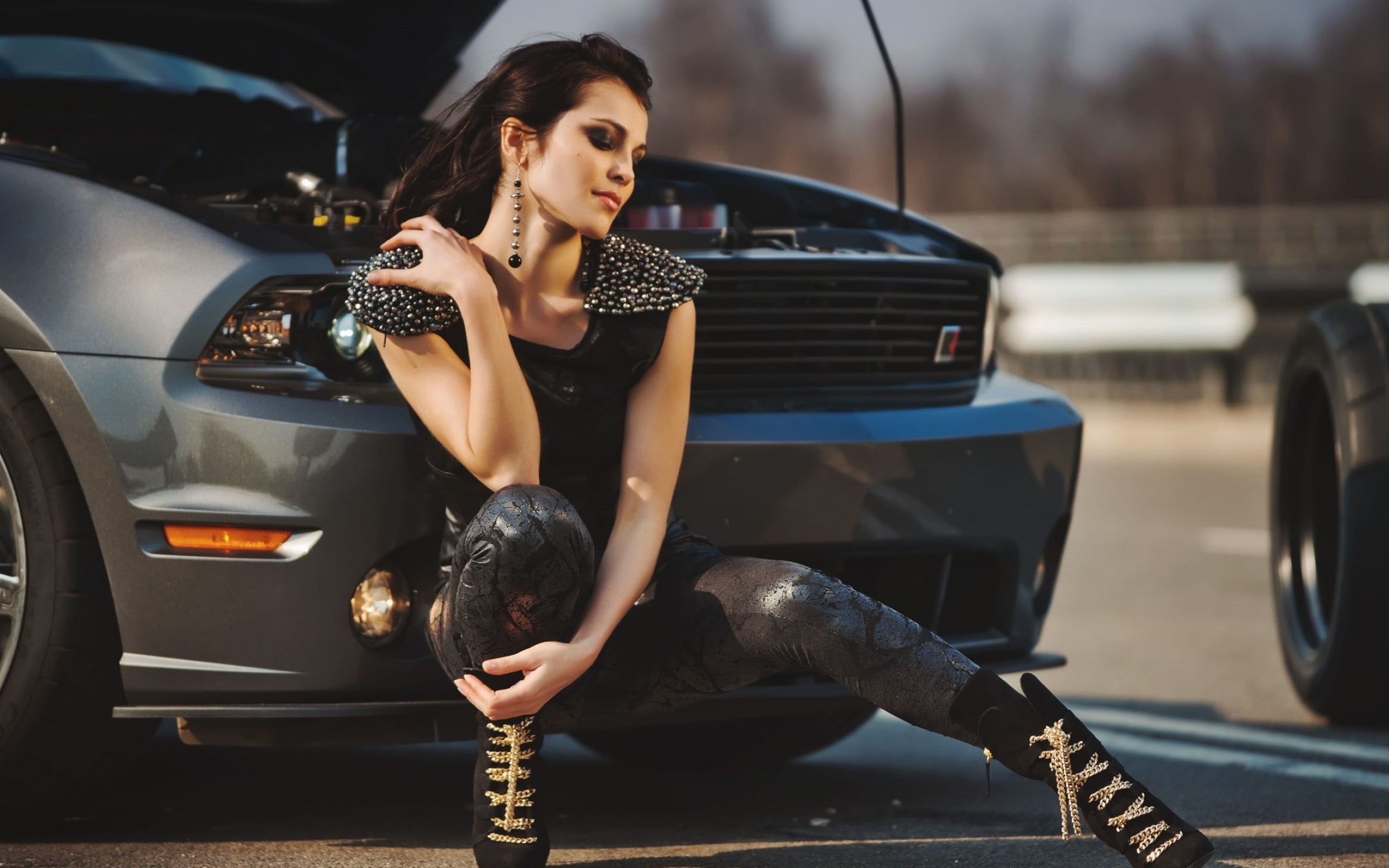 Wallpaper / women with cars, colored, overalls, women, luxury, Sati Kazanova, 2K, studs, portrait, sleeved, beautiful woman, people, brunette, adult, black, Ford Mustang free download