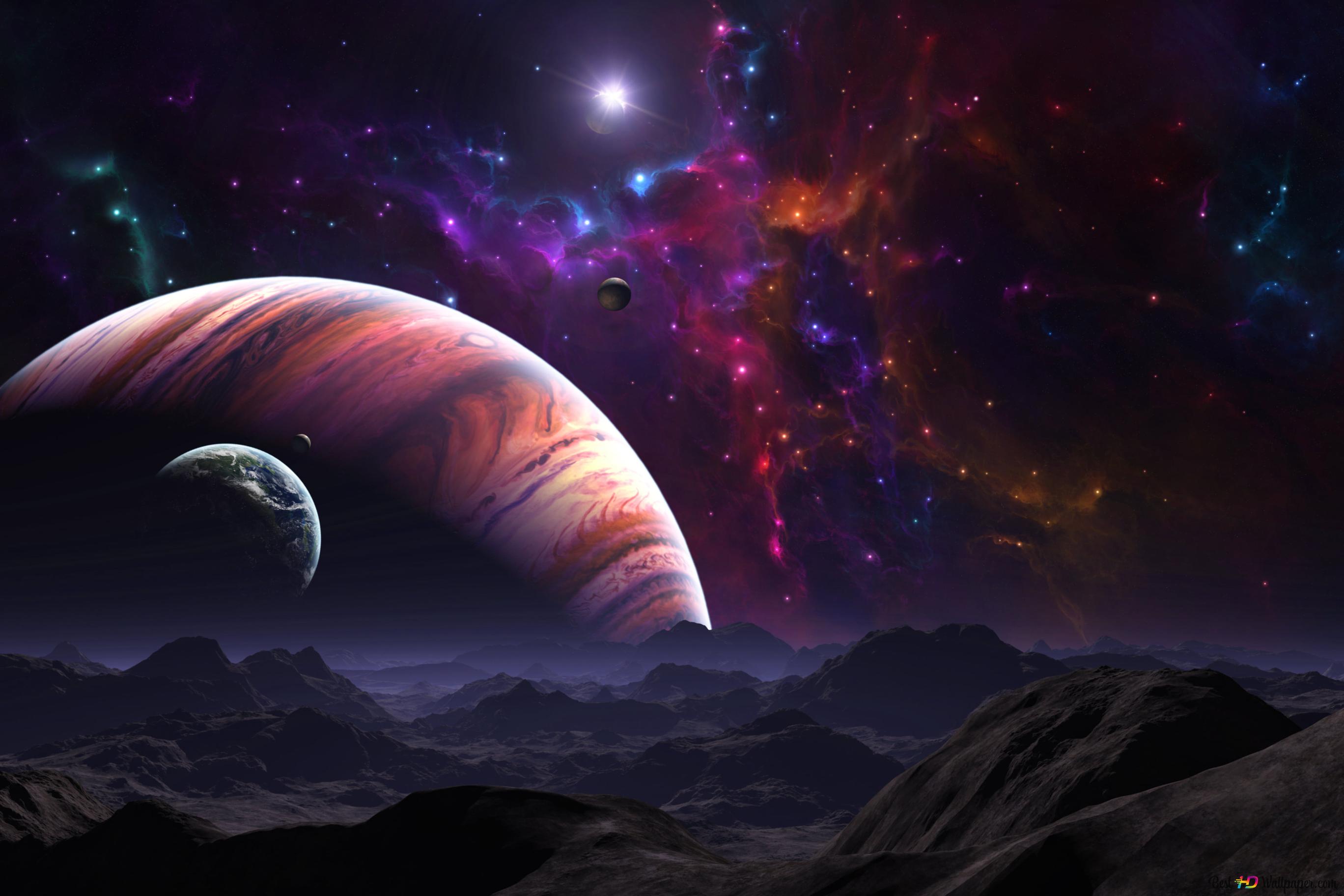 Manipulation drawing of planets in colorful outer space 4K wallpaper download