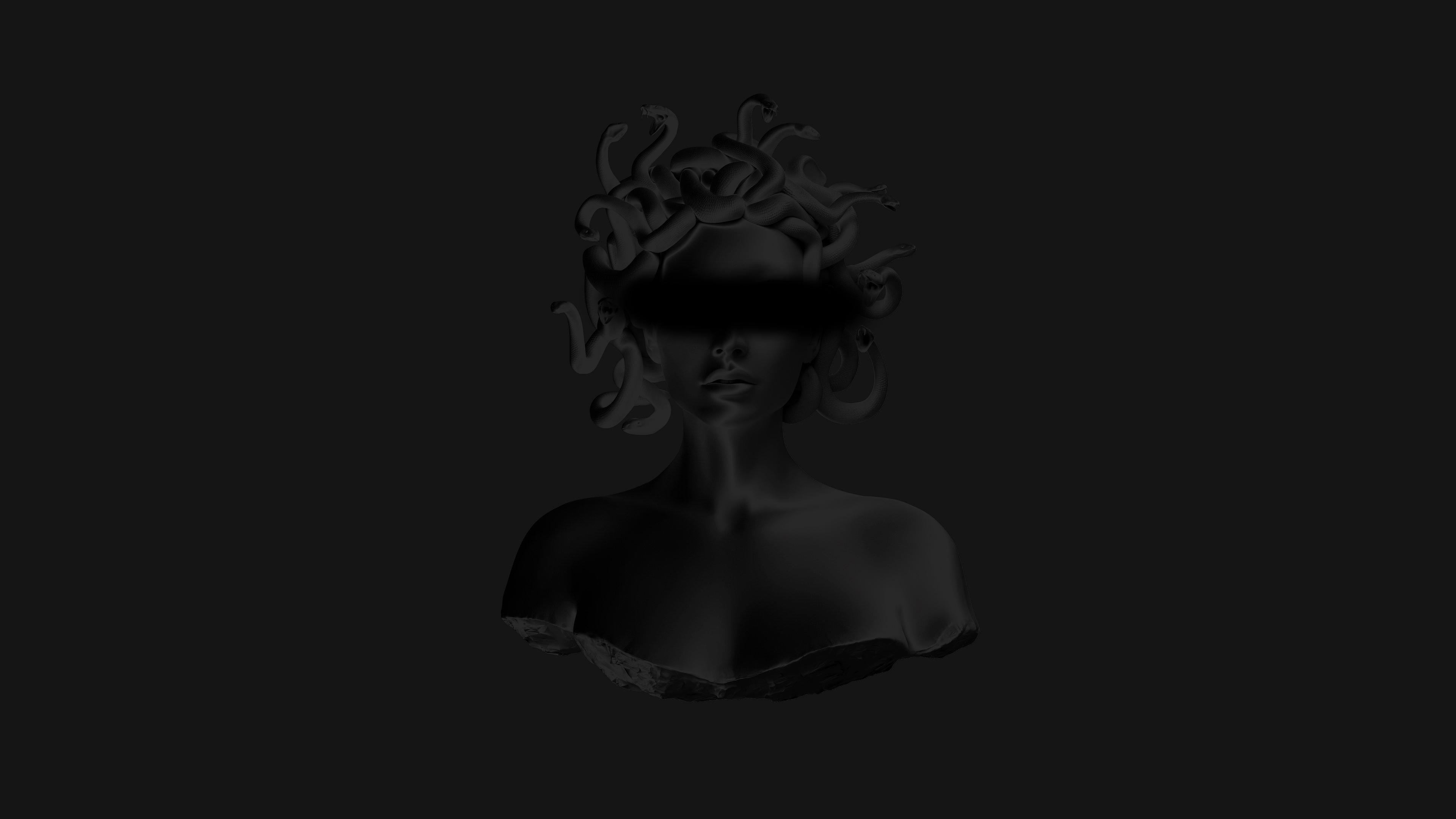 4K, monochrome, simple background, black background, Medusa, CGI, black, dark, render Gallery HD Wallpaper