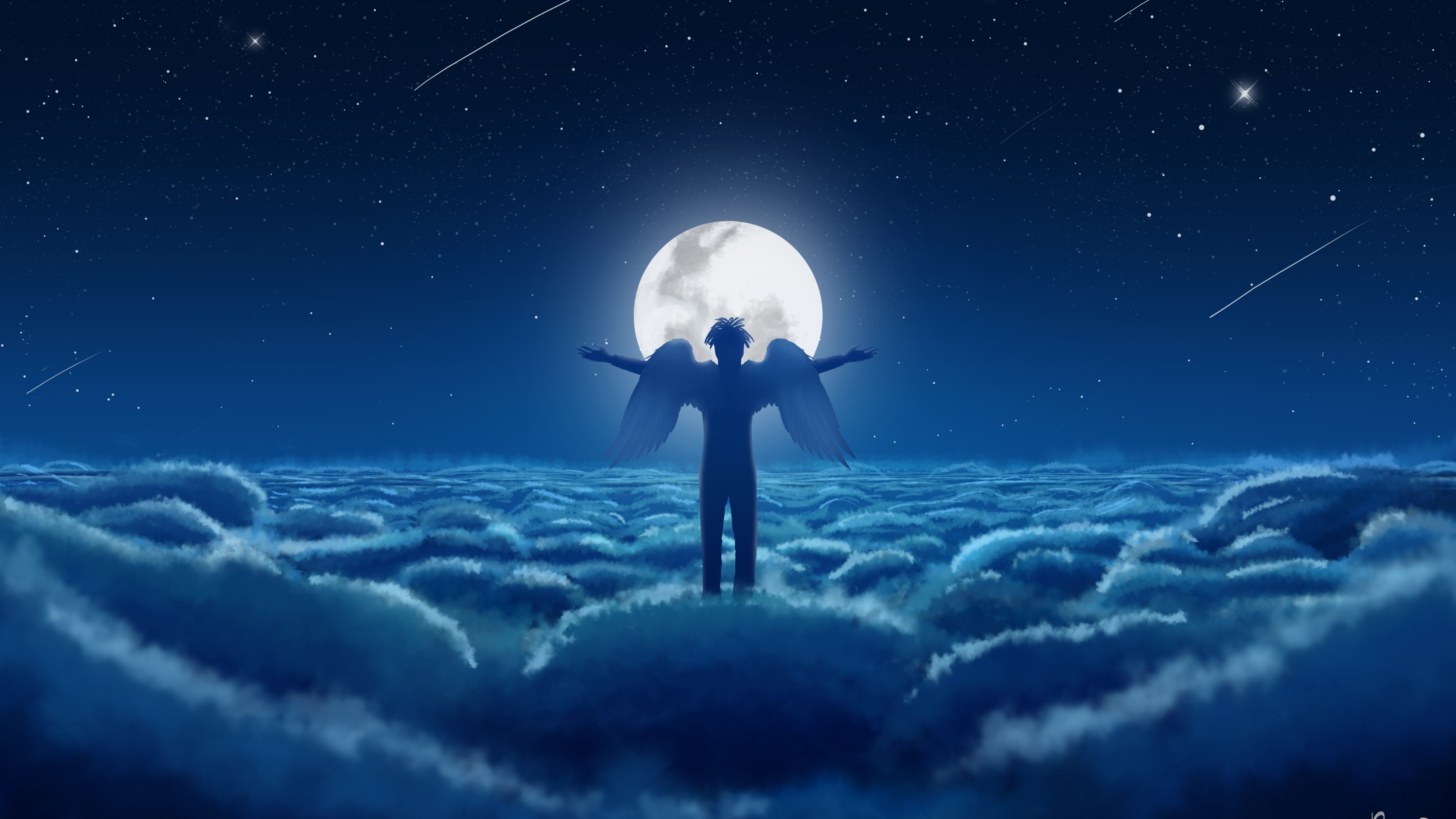 Moon Wallpaper 4K, Above clouds, Dream, Man, Wings