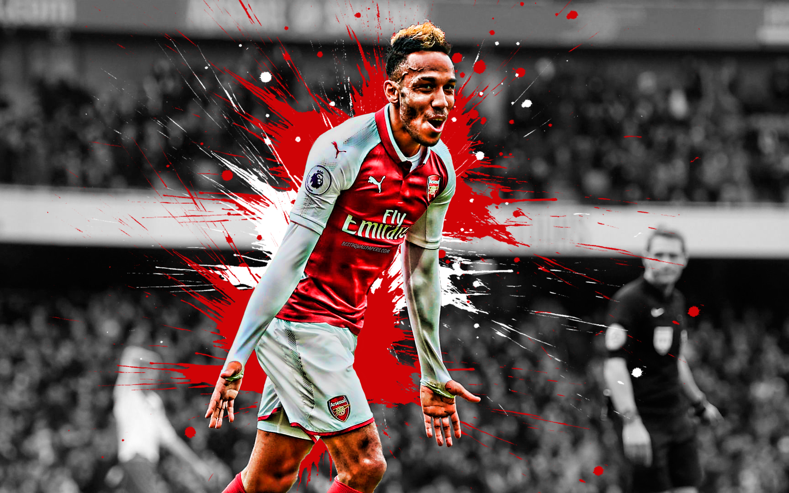 Download Wallpaper Pierre Emerick Aubameyang, 4k, Gabonese Football Player, Arsenal FC, London, Striker, Red White Paint Splashes, Creative Art, Premier League, England, Football, Grunge Art For Desktop With Resolution 2560x1600. High Quality HD