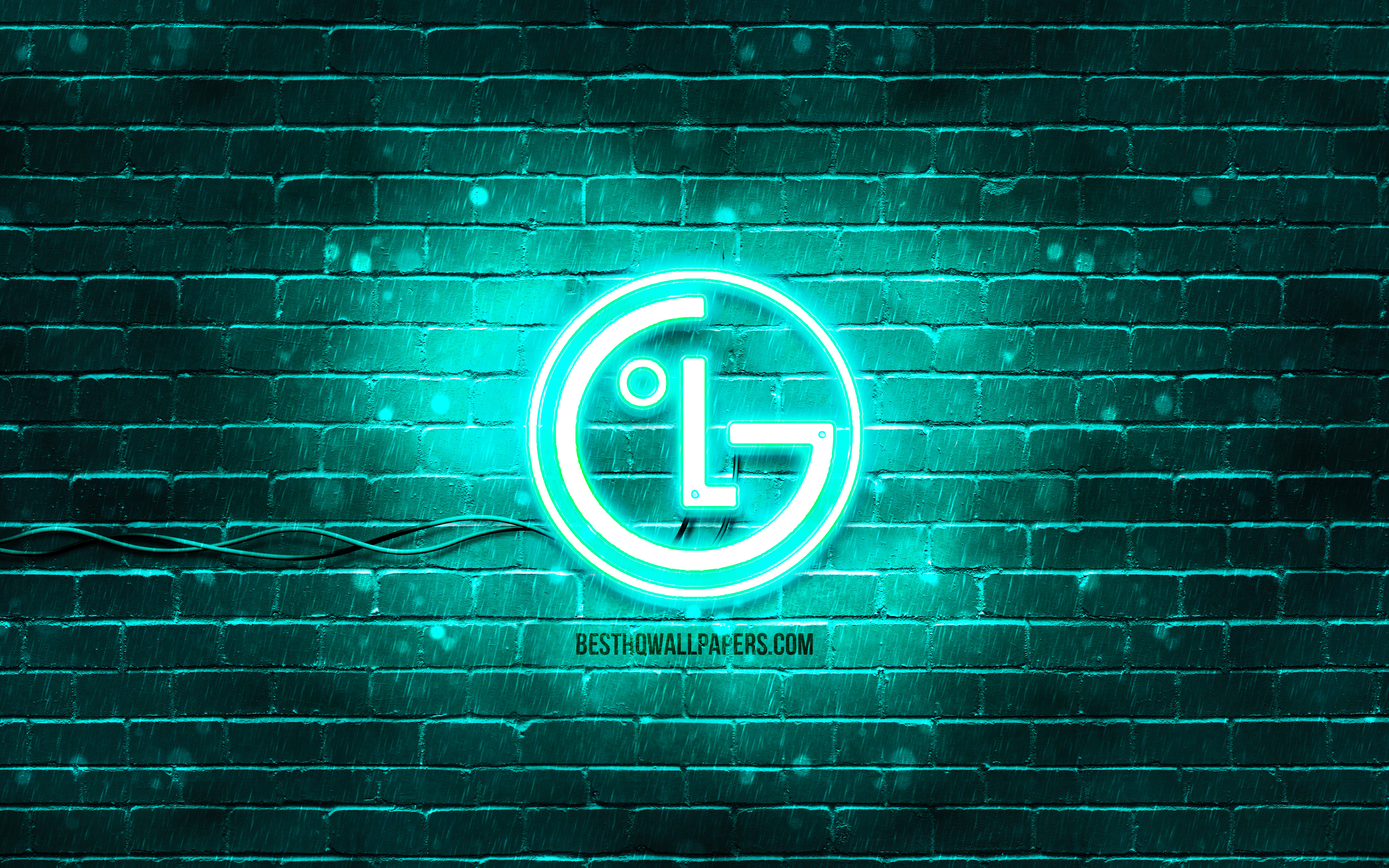 Download wallpaper LG turquoise logo, 4k, turquoise brickwall, LG logo, brands, LG neon logo, LG for desktop with resolution 3840x2400. High Quality HD picture wallpaper
