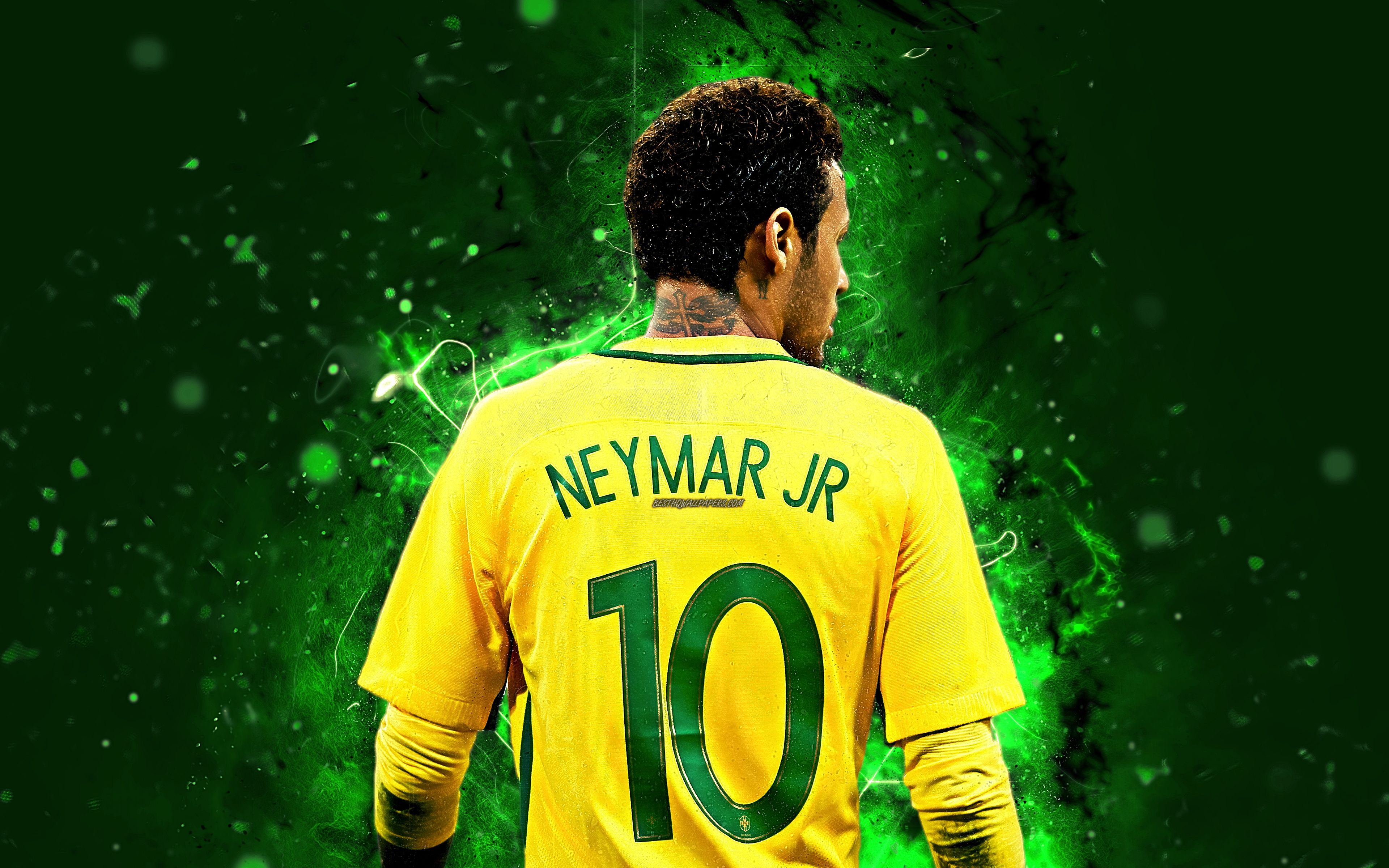 Download wallpaper 4k, Neymar JR, back view, abstract art, Brazil National Team, fan art, Neymar, soccer, footballers, neon lights, football stars, Brazilian football team for desktop with resolution 3840x2400. High Quality HD
