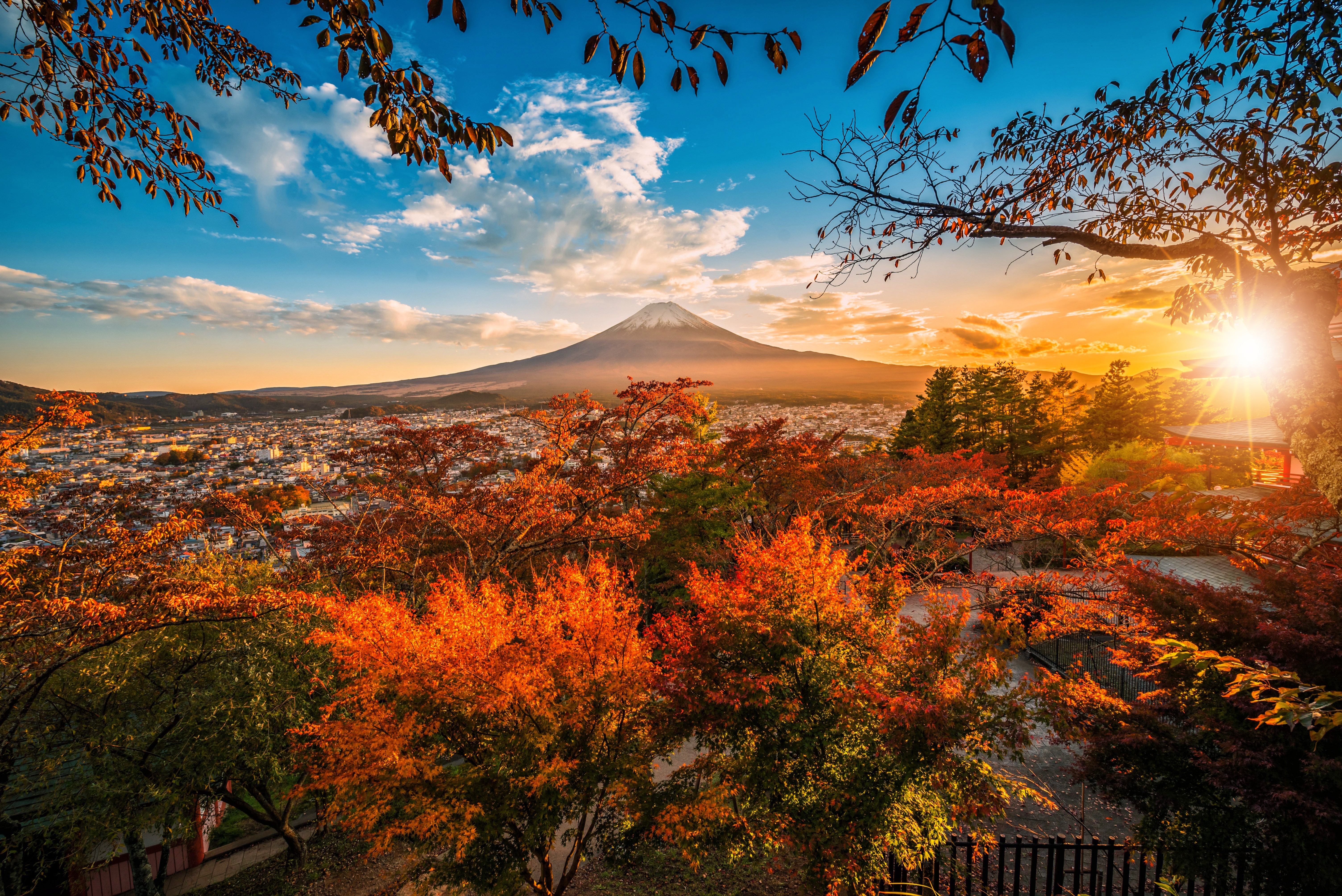 4K, 5K, 6K, Autumn, Mountains, Sky, Mount Fuji, Japan, Trees, Clouds, Volcano Gallery HD Wallpaper
