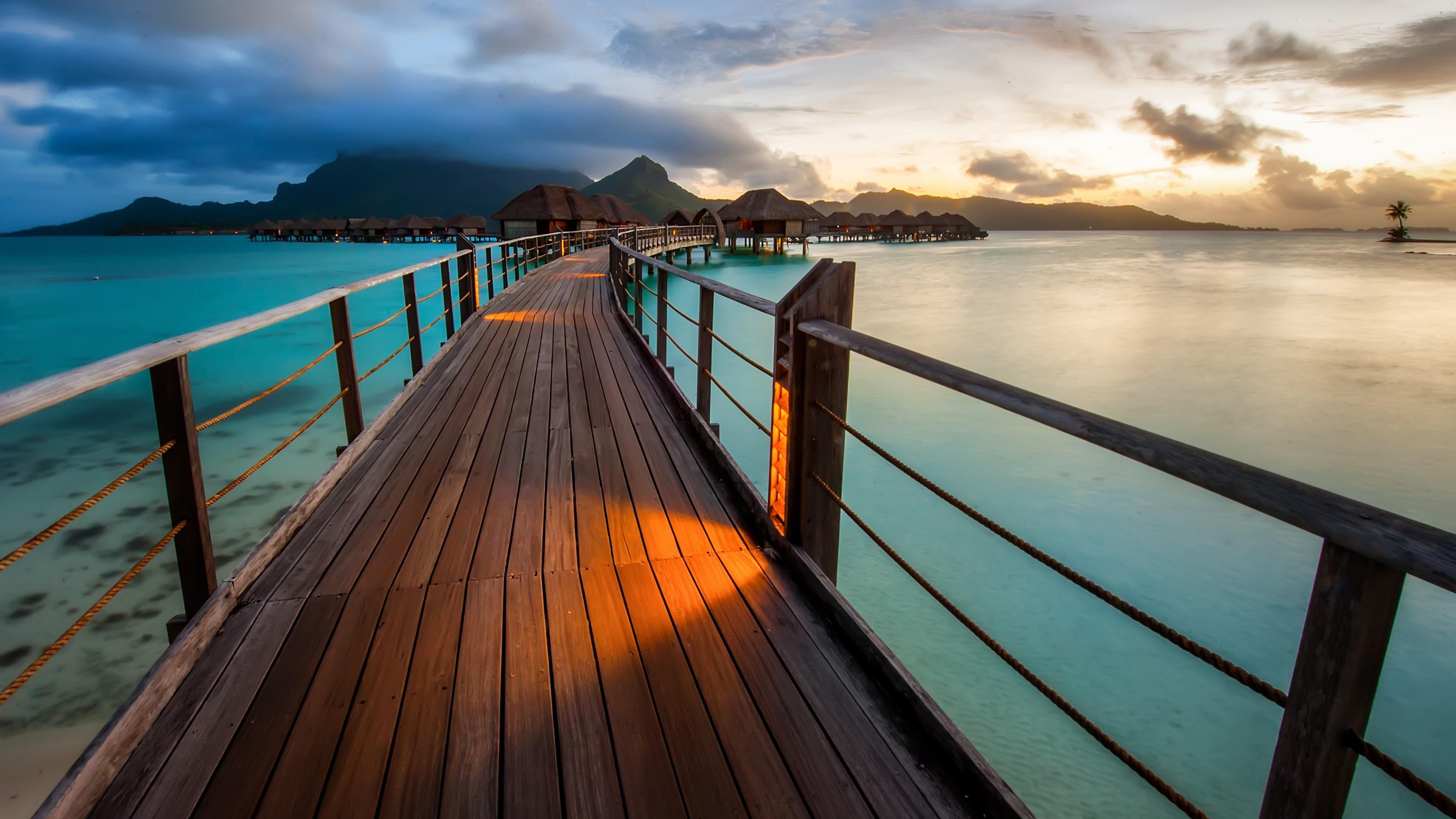 Wallpaper / ocean, resort, bora bora, travel, cabins, summer, exotic, pier, holiday, sea, 4K, landscape free download