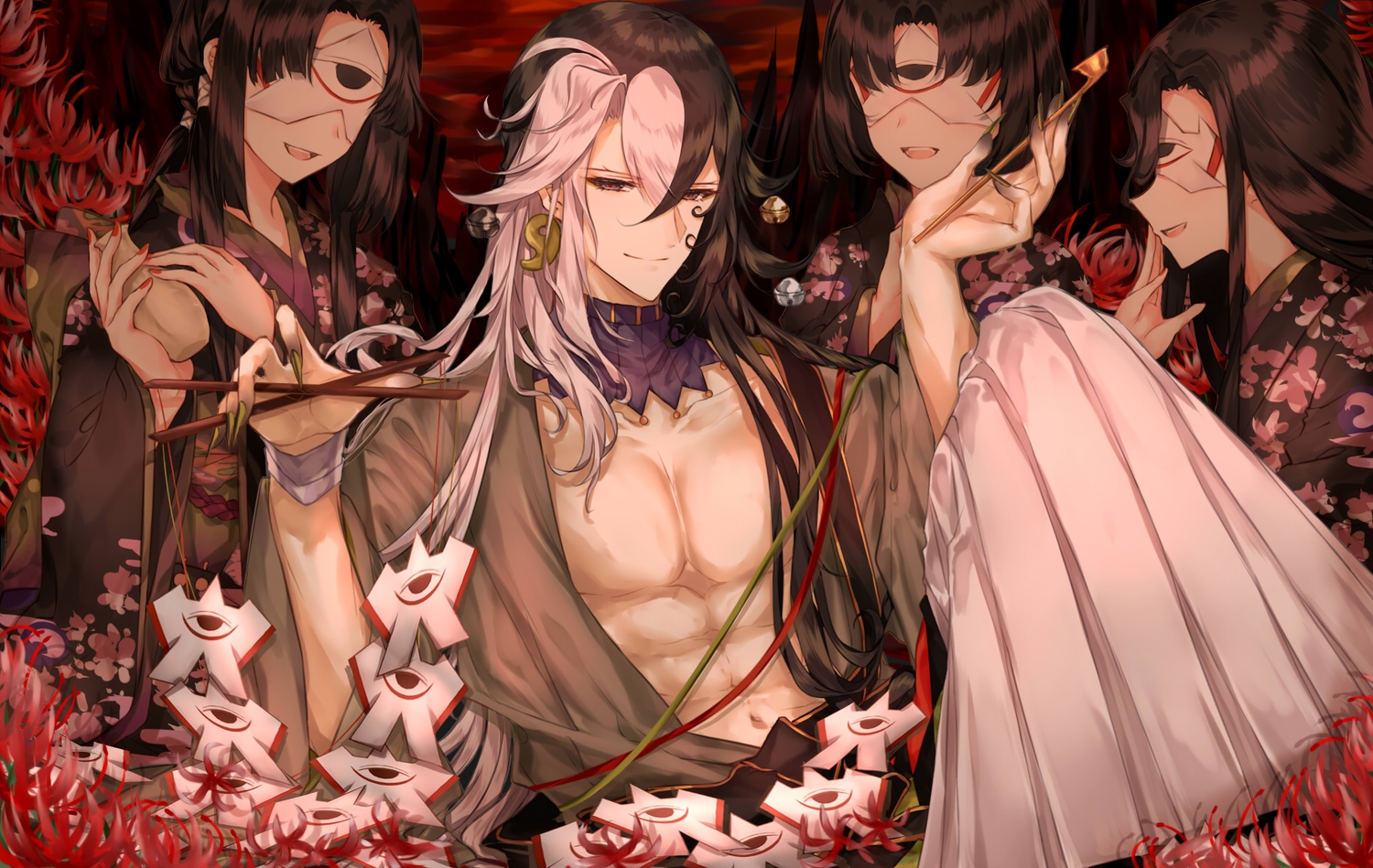 Ashiya Douman Bell Black Eyes Black Hair Doll Drink Fate Grand Order Fate (series) Flowers Group Japanese Clothes Kimono Long Hair Male Mask Open Shirt Paper Puppet Purionpurion Sake Short Hair Wristwear