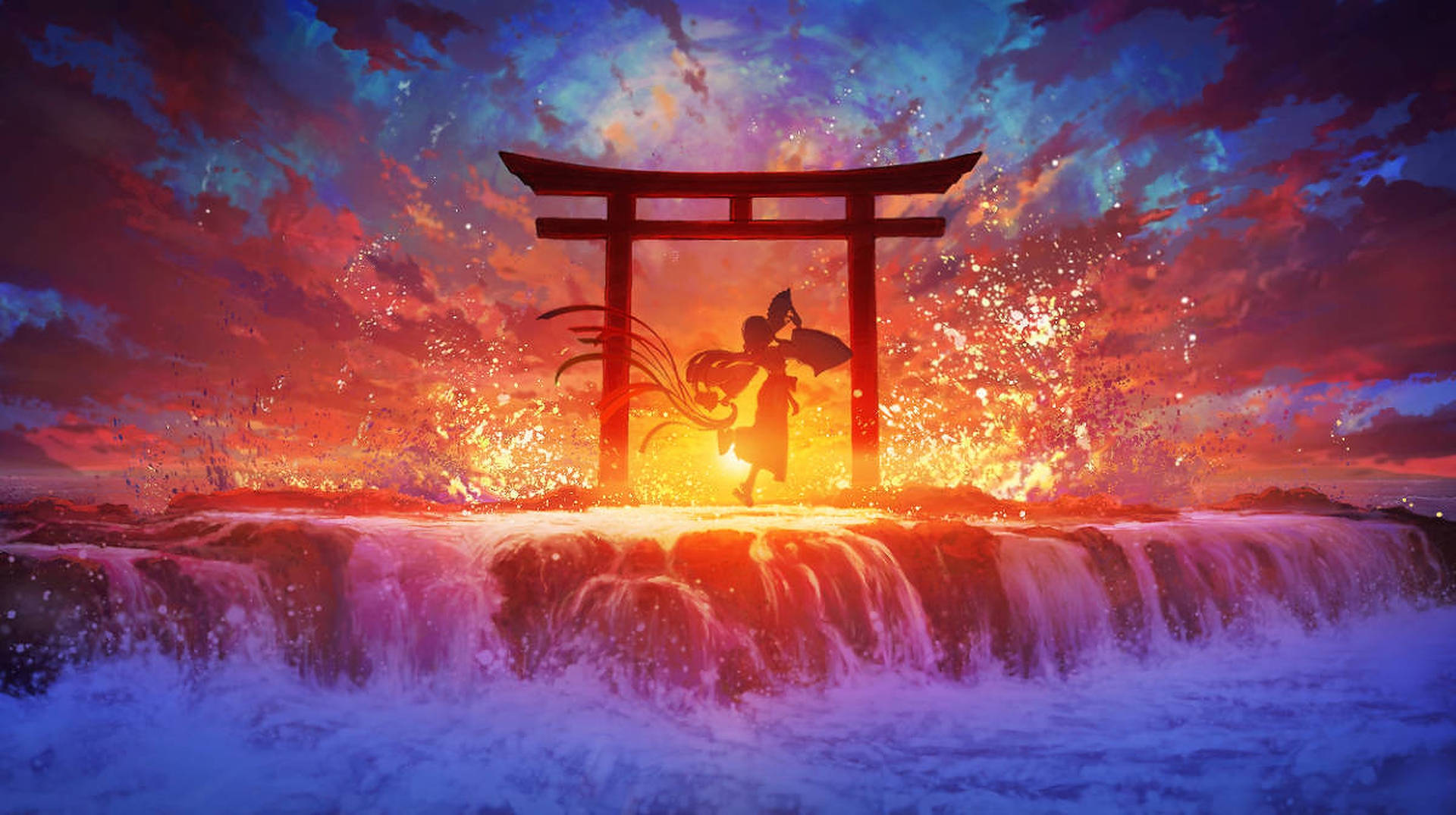 Download Torii Gate Waterfalls Wallpaper