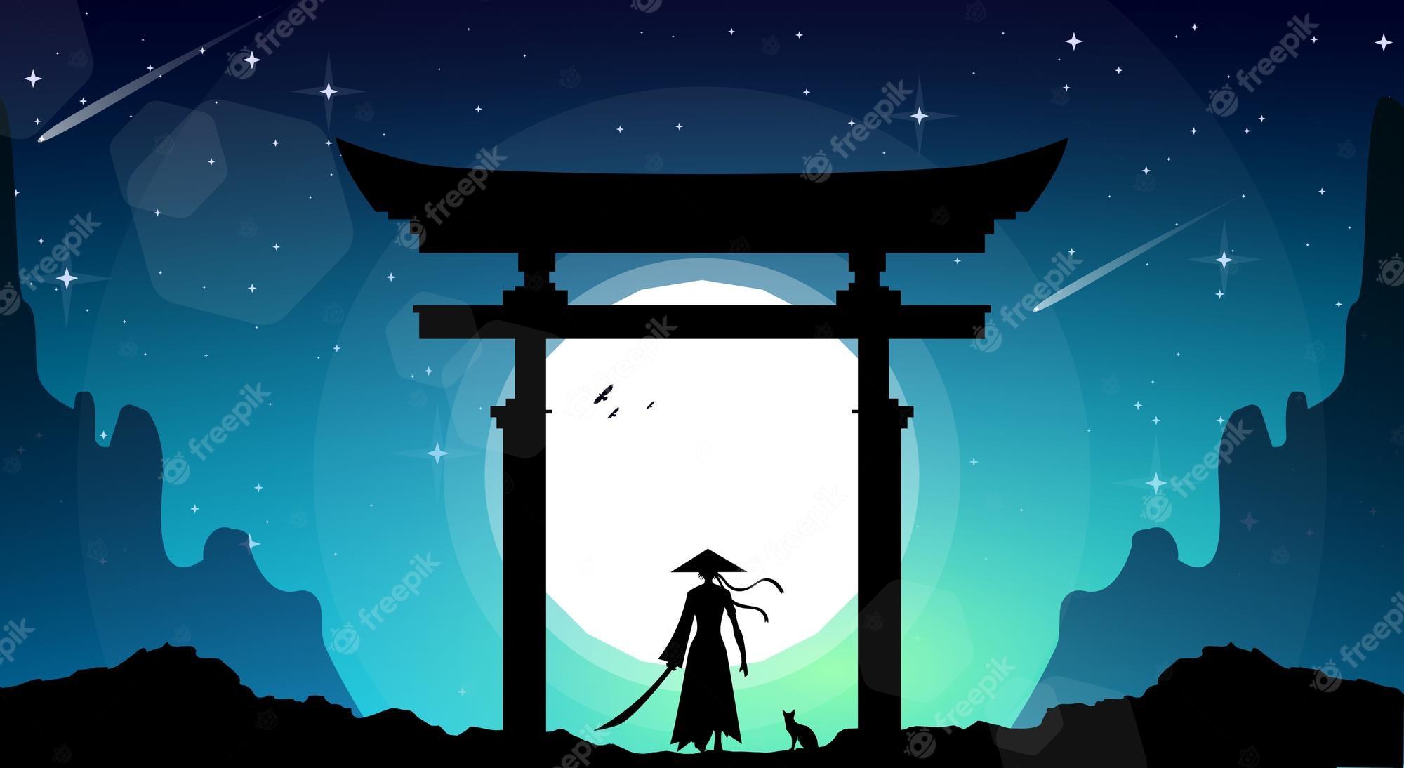 Premium Vector. Lady samurai background samurai with torii gate wallpaper japan theme background blue sky