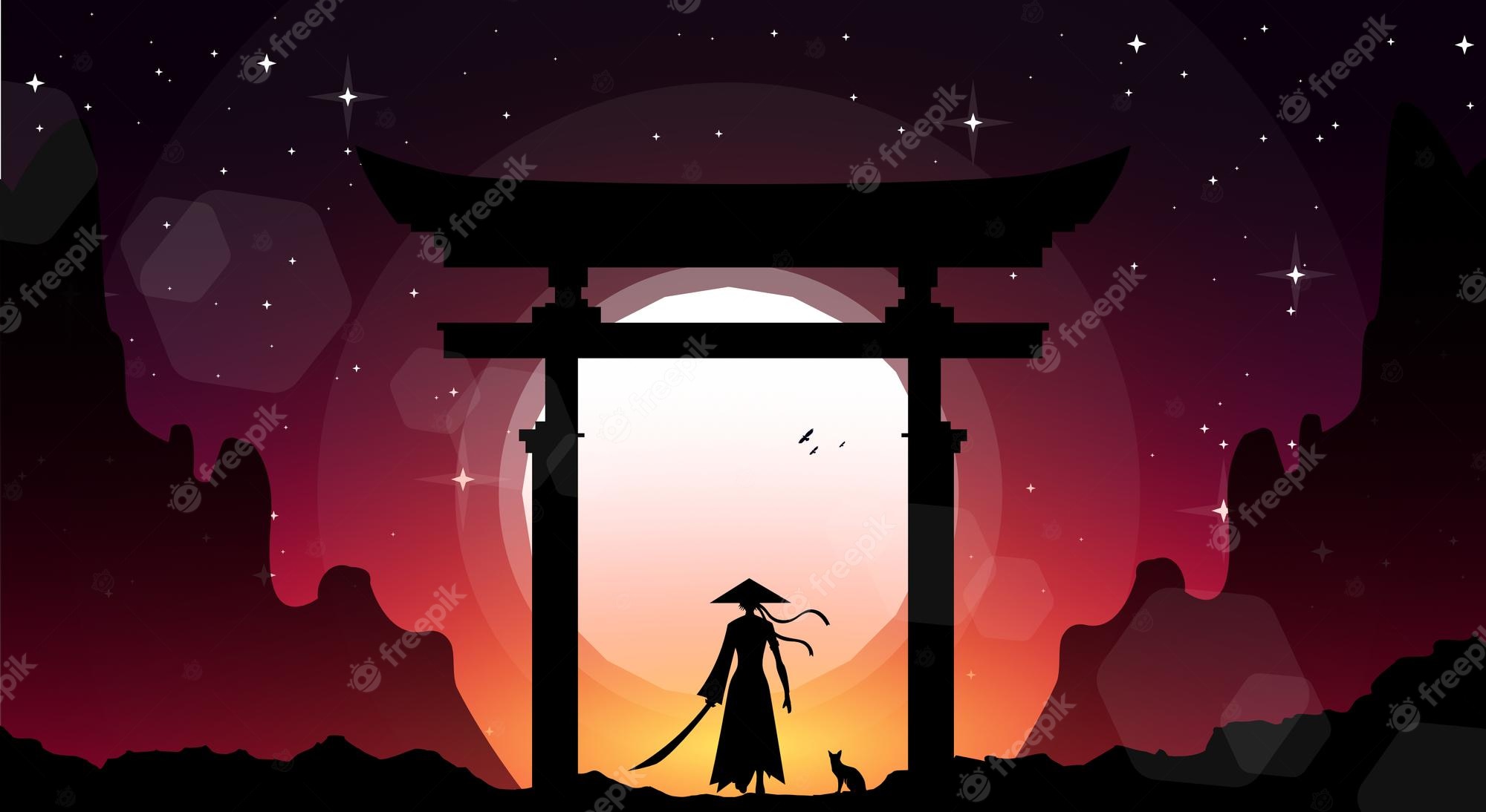 Premium Vector. Lady samurai background samurai with torii gate wallpaper japanese torii gate background