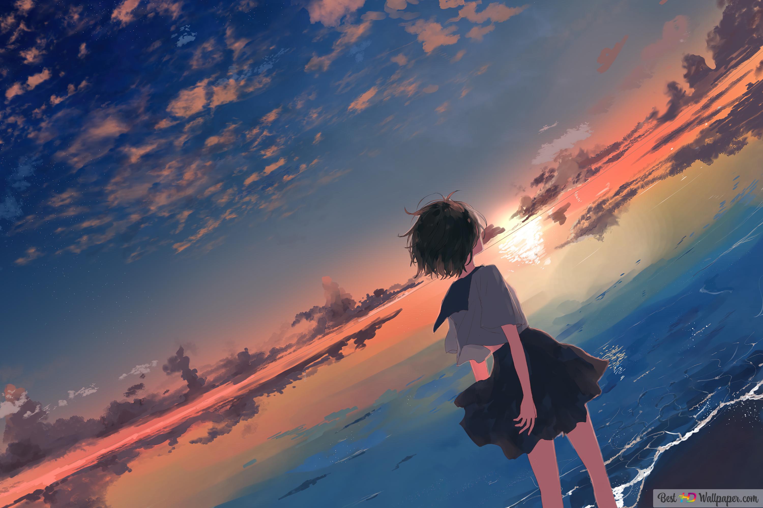 Anime School Girl Sunset Beach 4K wallpaper download