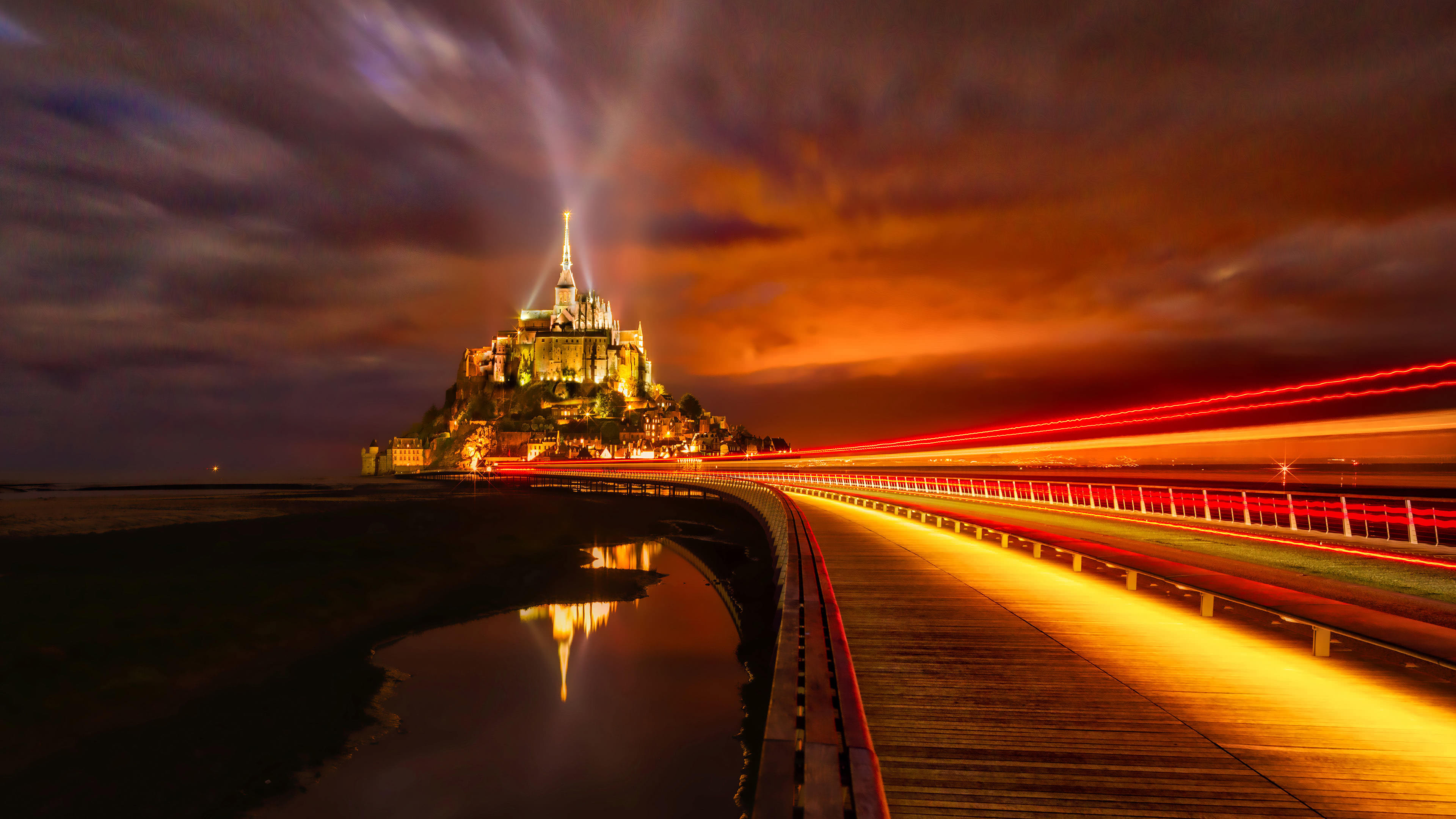 Mont Saint Michel Island Night Lights Normandy France UHD 4K Wallpaper