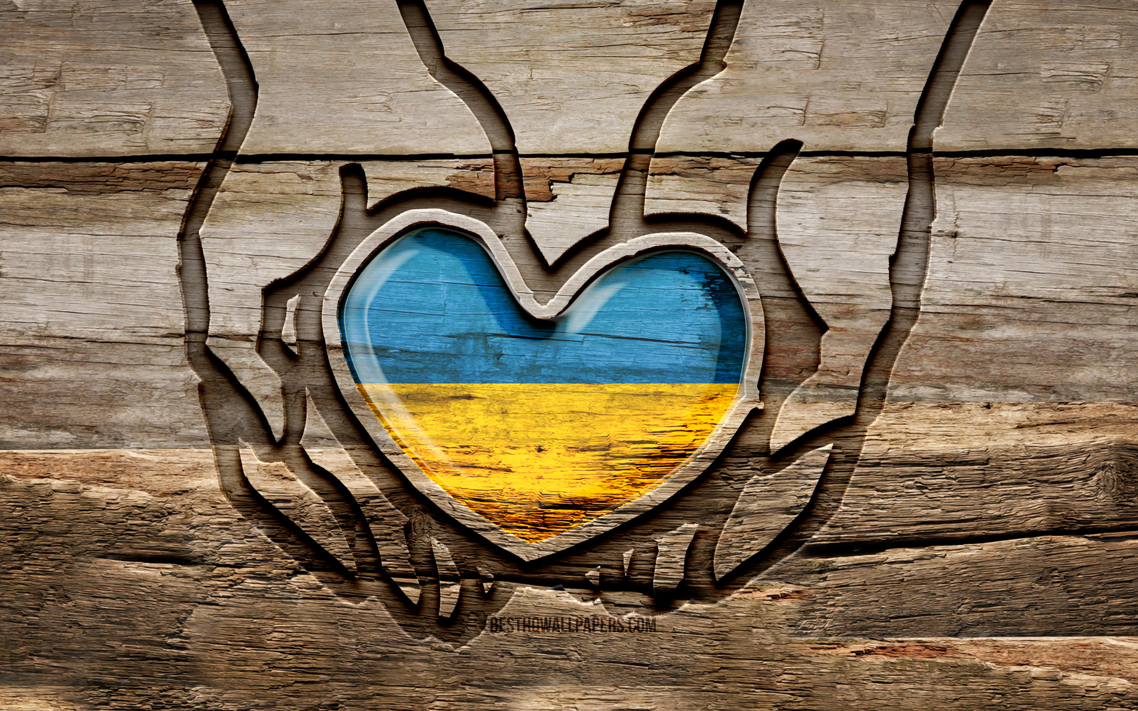 Download wallpaper I love Ukraine, 4K, wooden carving hands, Day of Ukraine, Flag of Ukraine, creative, Ukraine flag, Ukrainian flag, Ukraine flag in hand, Take care Ukraine, wood carving, Europe, Ukraine for