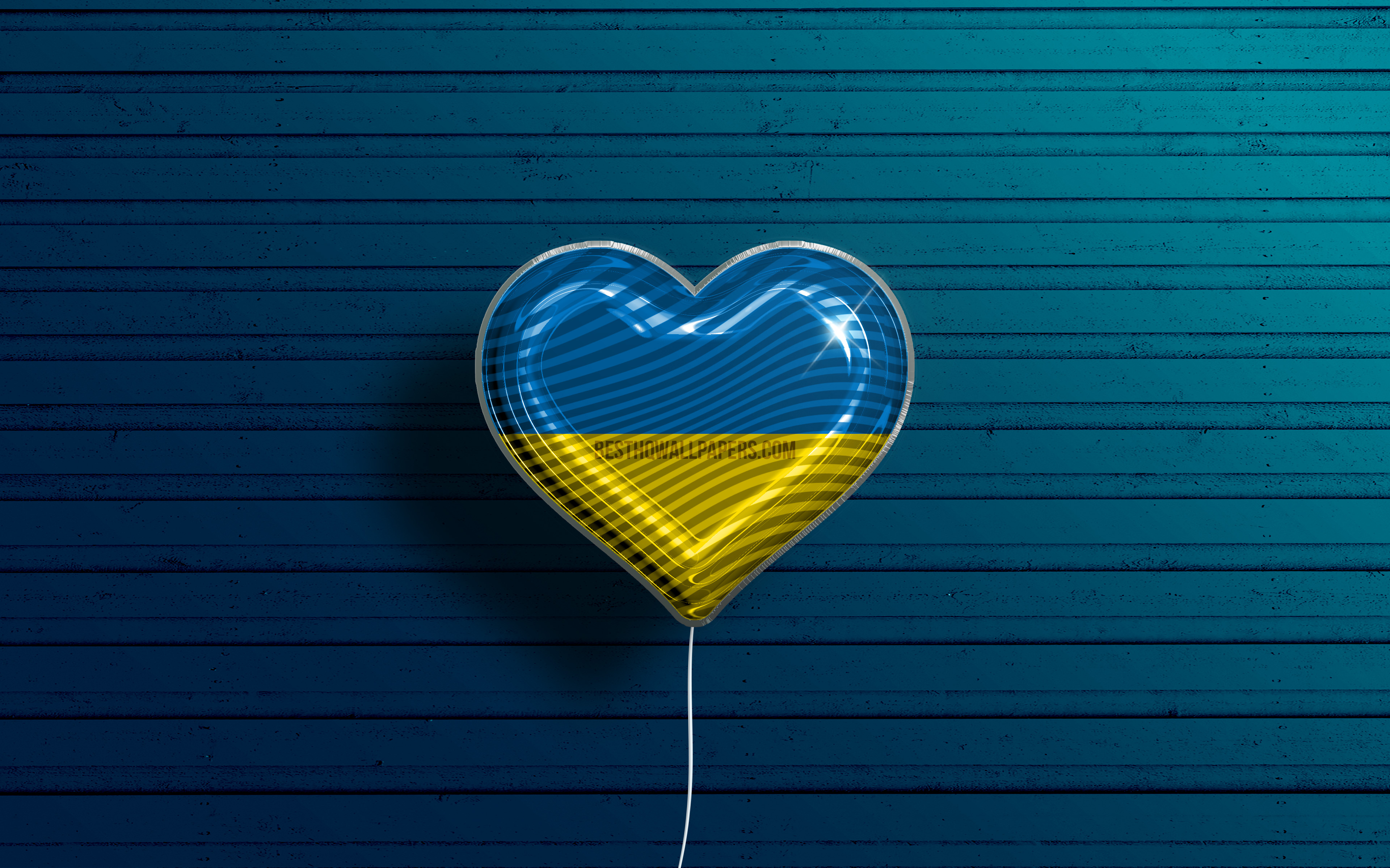 Download wallpaper I Love Ukraine, 4k, realistic balloons, blue wooden background, Ukrainian flag heart, Europe, favorite countries, flag of Ukraine, balloon with flag, Ukrainian flag, Ukraine, Love Ukraine for desktop with resolution