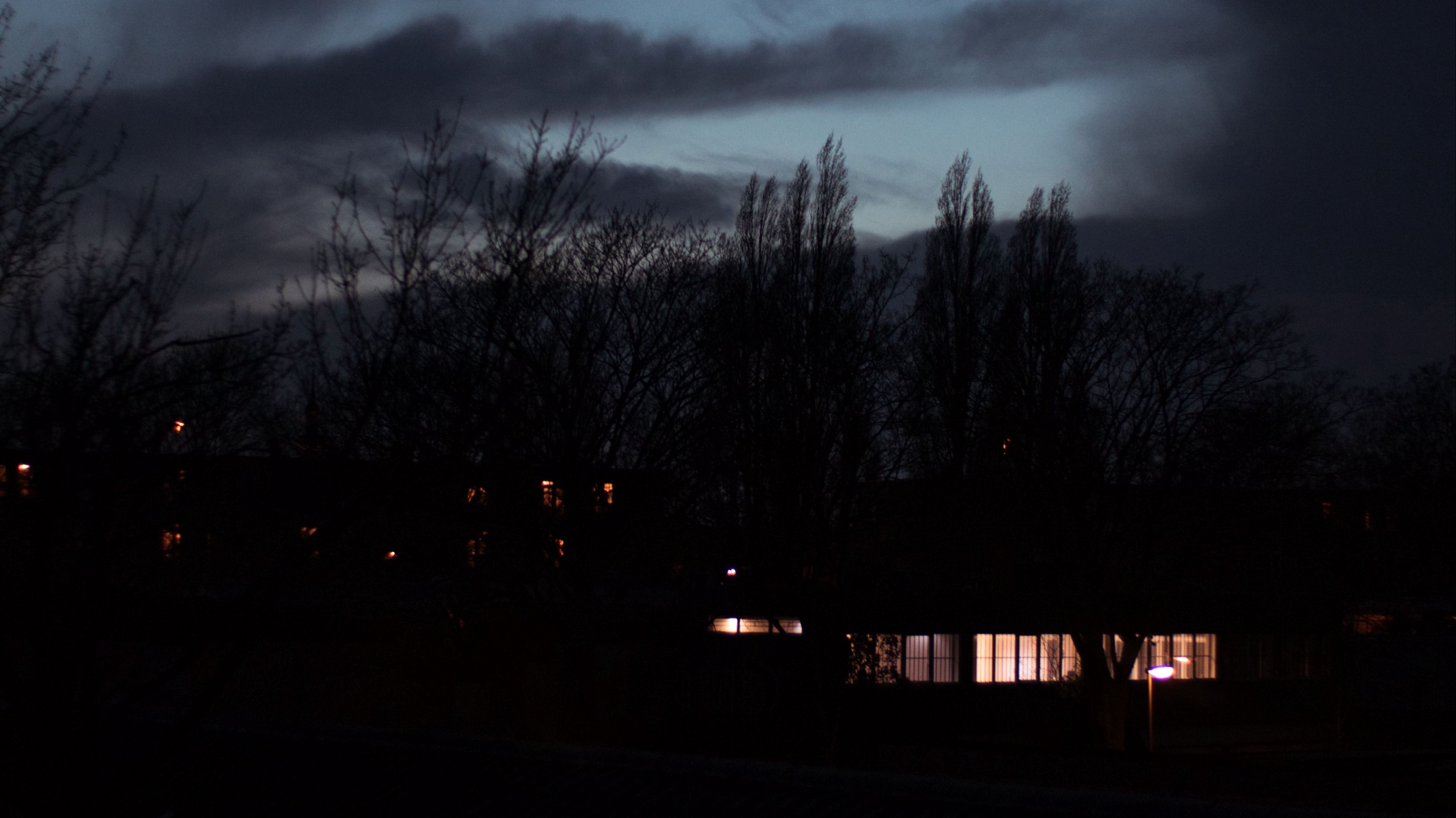 Download wallpaper 3840x2160 building, light, night, sky, trees, dark 4k uhd 16:9 HD background