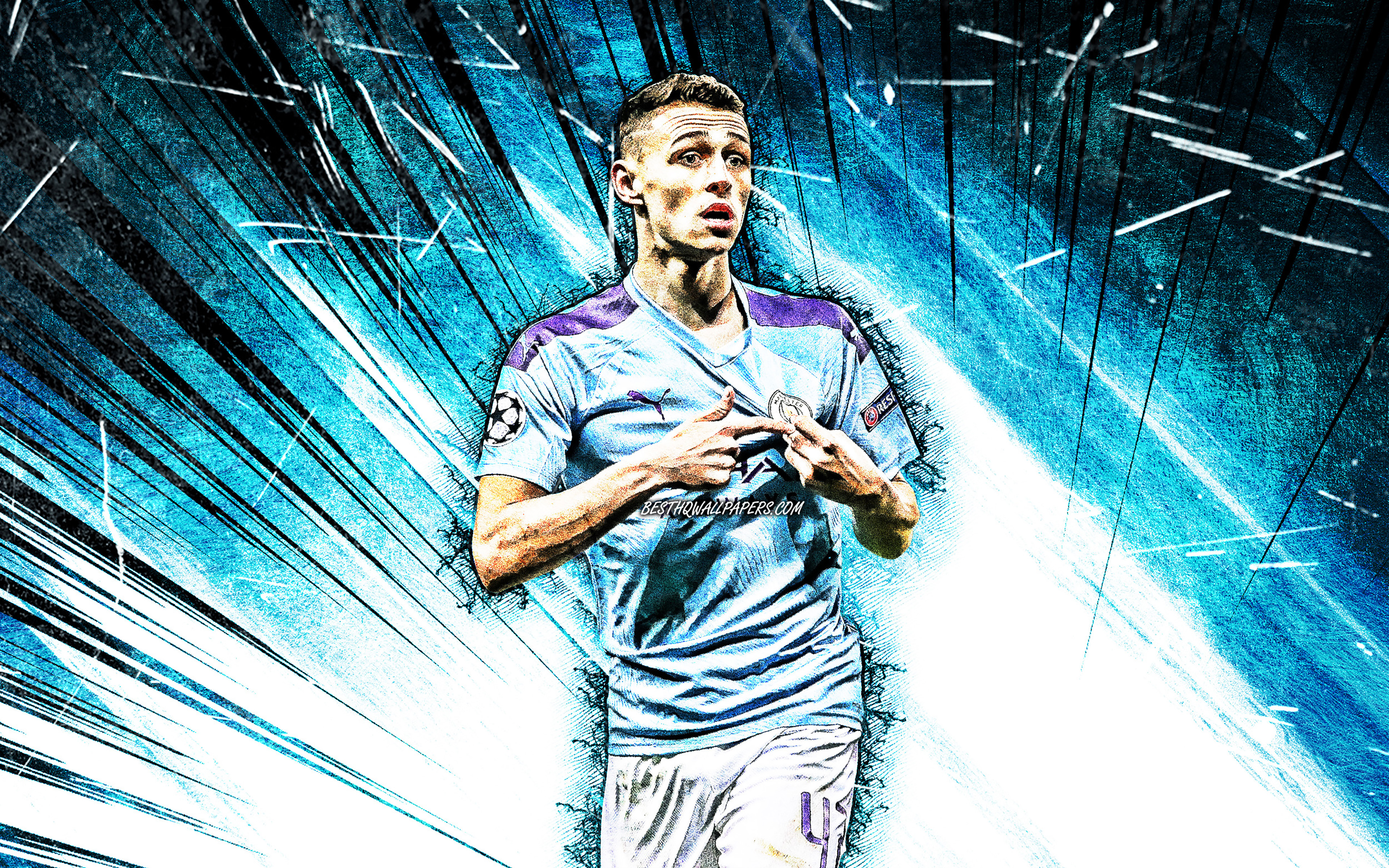 Download wallpaper 4k, Phil Foden, grunge art, Manchester City FC, english footballers, blue abstract rays, midfielder, Philip Walter Foden, soccer, Premier League, football, Phil Foden 4k, Man City for desktop with resolution